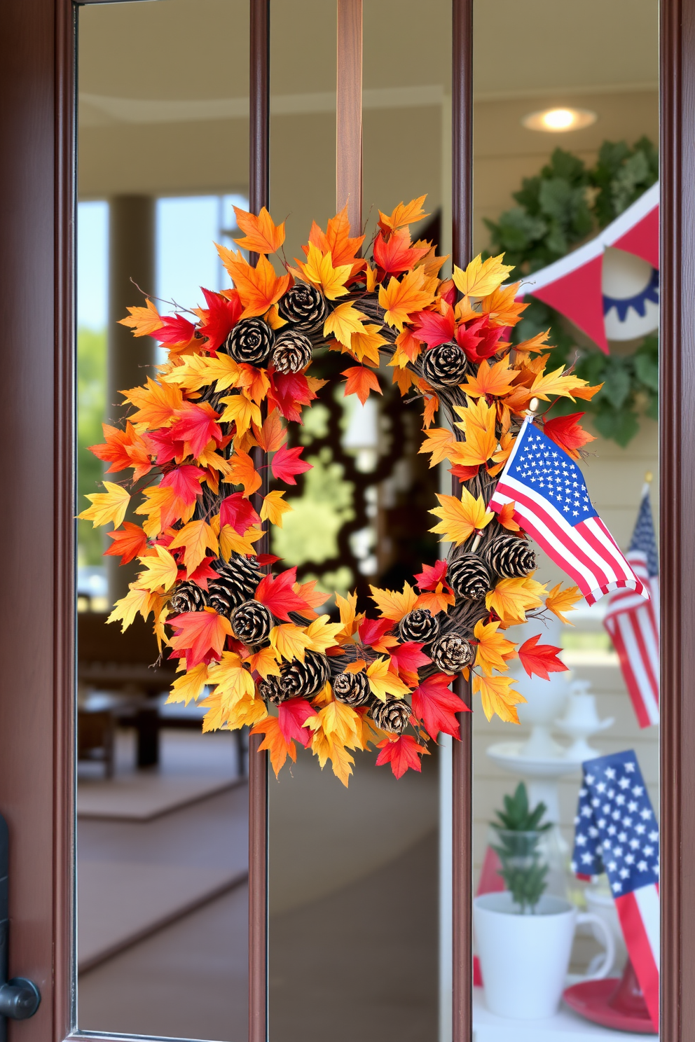 A seasonal wreath adorned with vibrant autumn leaves and pine cones hangs gracefully on the front door. The warm colors of orange, red, and gold create a welcoming atmosphere that celebrates the beauty of fall. Labor Day window decorations feature cheerful red, white, and blue accents that evoke a sense of patriotism. Bunting and flags are tastefully arranged to enhance the festive spirit of the holiday.