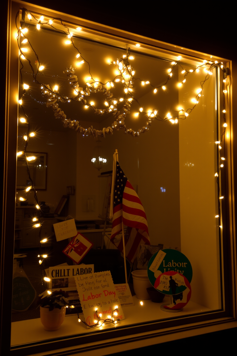 A warm and inviting window display adorned with lighted garlands draped elegantly across the top. The soft glow of the lights creates a cozy atmosphere, perfect for celebrating the spirit of Labor Day. Colorful decorations featuring symbols of labor and unity are tastefully arranged alongside the garlands. This charming setup enhances the festive feel, making the window a focal point of celebration.