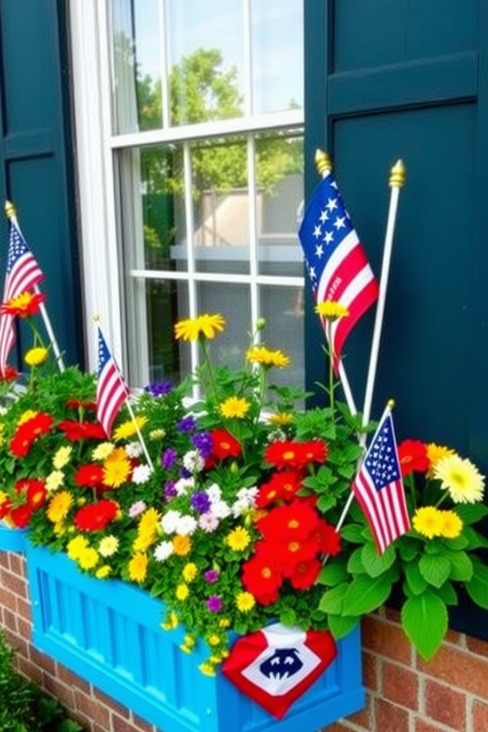 Colorful window boxes filled with vibrant seasonal plants create a cheerful and inviting atmosphere. The boxes are adorned with a mix of bright flowers and lush greenery, enhancing the exterior of the home. Labor Day window decorating ideas feature festive elements such as red white and blue accents. Banners and small flags are tastefully arranged alongside the window boxes to celebrate the holiday spirit.