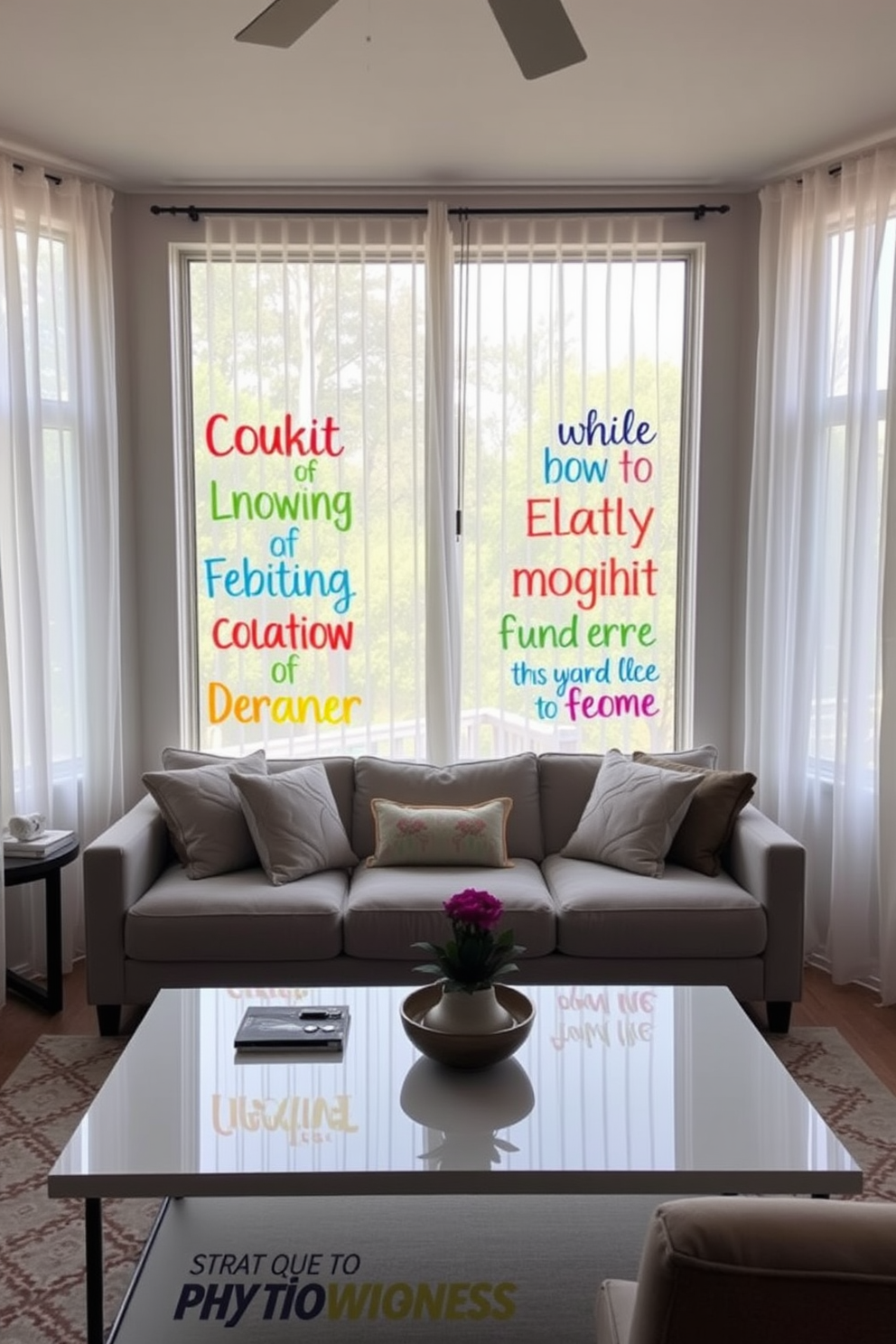 A cozy living room adorned with DIY painted window quotes that inspire creativity and relaxation. The large windows are framed with sheer white curtains, allowing natural light to illuminate the space. Colorful quotes are artistically painted on the glass, adding a personal touch to the decor. A plush sofa in neutral tones sits opposite a modern coffee table, creating a warm and inviting atmosphere for gatherings.