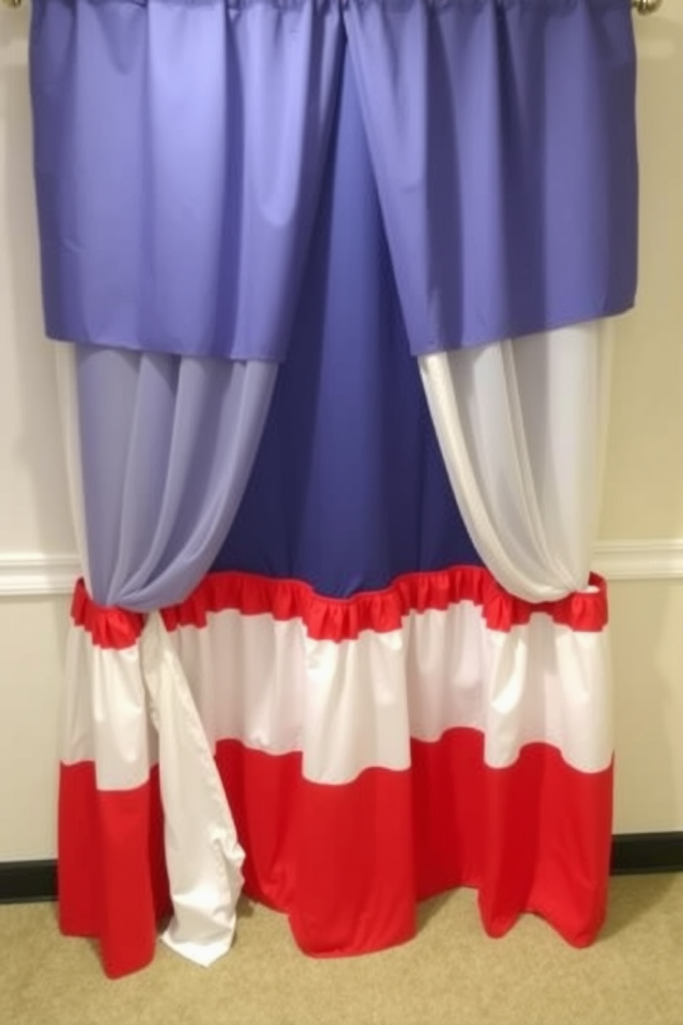 Layered curtains in patriotic colors create a festive atmosphere for Labor Day celebrations. The top layer features a deep blue fabric, while the bottom layer showcases vibrant red and white stripes, elegantly cascading to the floor.