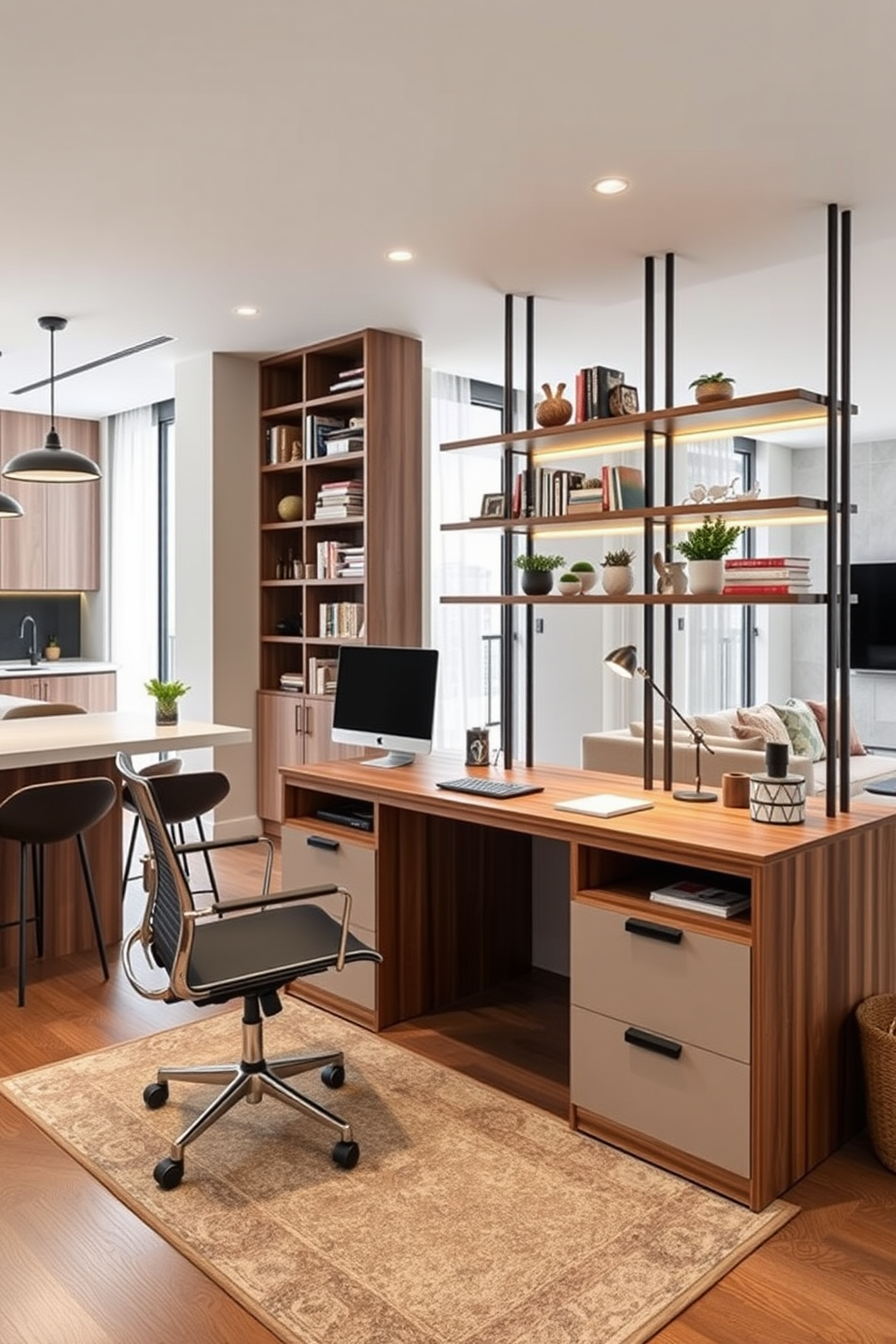 A multifunctional home office space that combines productivity and comfort. The room features a sleek wooden desk with built-in storage, a comfortable ergonomic chair, and a wall-mounted shelving unit filled with books and decorative items. Large apartment design ideas that maximize space while maintaining elegance. The layout includes an open-concept living area with a modern kitchen island, a cozy seating area with a stylish sectional sofa, and large windows that allow natural light to flood the space.