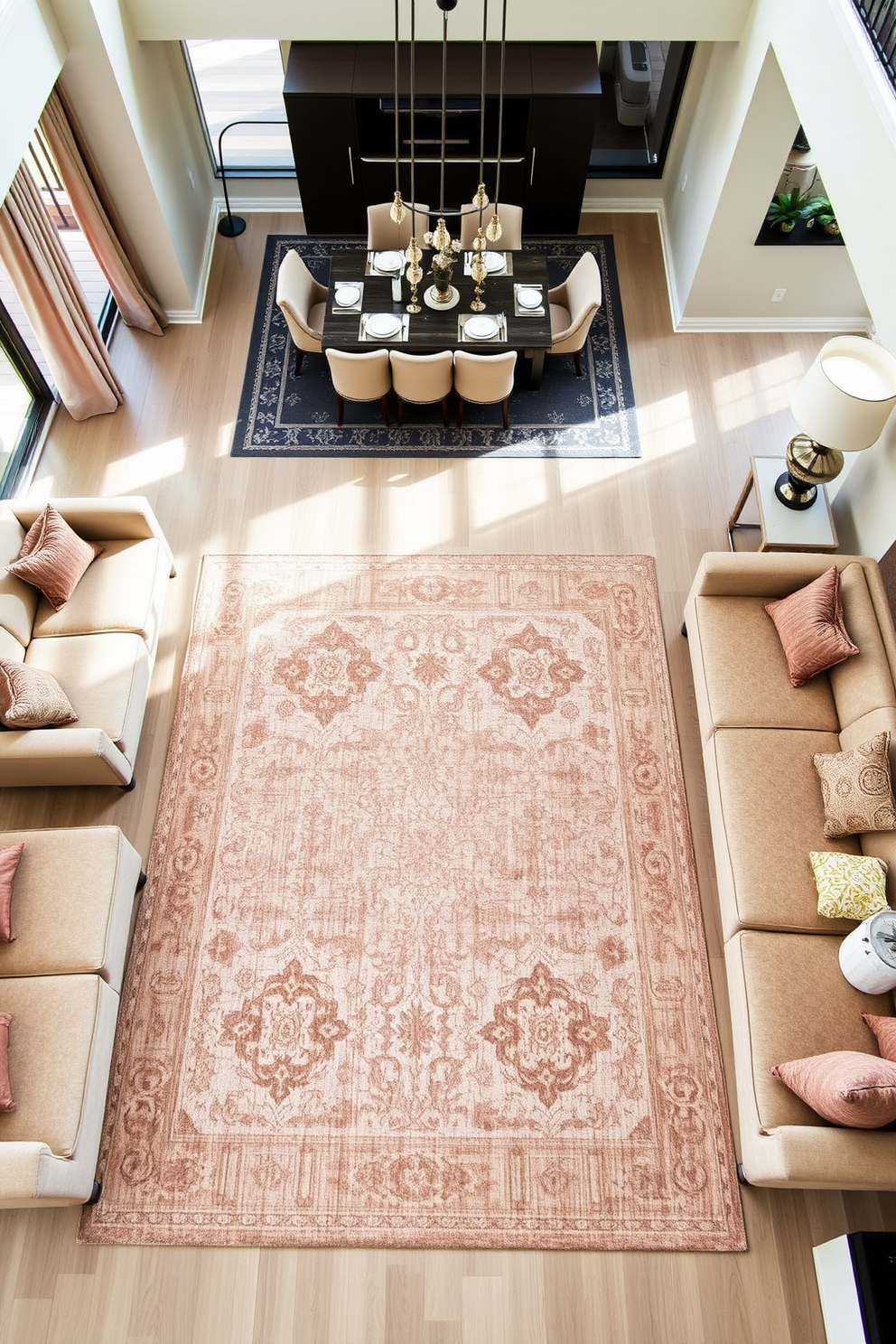 A spacious living area featuring a large area rug in the center that delineates the seating zone. Surrounding the rug are stylish sofas and armchairs, creating a cozy and inviting atmosphere. In the dining area, a contrasting area rug under the dining table adds warmth and defines the space. The table is elegantly set, surrounded by upholstered chairs that complement the overall design.