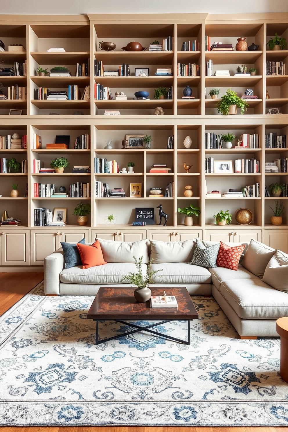 A spacious living room featuring custom built-in shelving that seamlessly integrates with the surrounding architecture. The shelves are filled with a curated selection of books, decorative objects, and plants, adding personality and warmth to the space. The seating area includes a plush sectional sofa in a neutral color, complemented by vibrant throw pillows. A large coffee table sits in the center, surrounded by a stylish area rug that anchors the room and adds texture.