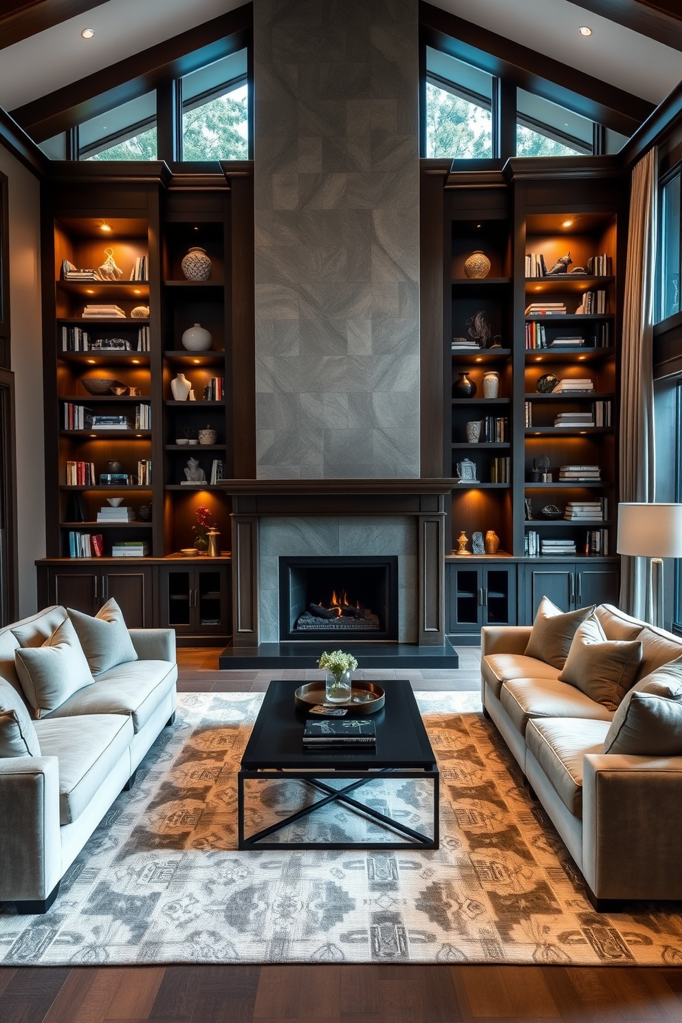 A stunning living room featuring a grand fireplace as the focal point. The fireplace is surrounded by elegant built-in shelves filled with books and decorative items, creating a cozy yet sophisticated atmosphere. The room is designed with large windows that allow natural light to flood in, highlighting the rich textures of the furnishings. Plush sofas in neutral tones are arranged around a sleek coffee table, inviting relaxation and conversation.