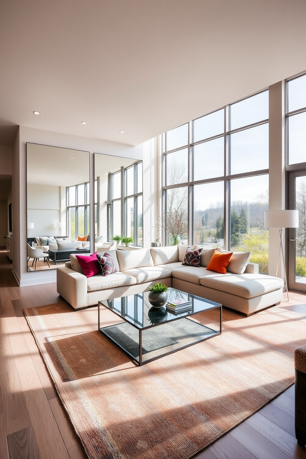 A spacious living room featuring built-in shelving that seamlessly integrates into the wall for ample storage. The shelves are adorned with a mix of books, decorative items, and plants, creating a warm and inviting atmosphere. The room is designed with an open floor plan, allowing natural light to flow in through large windows. A comfortable sectional sofa is positioned across from a sleek coffee table, complementing the modern aesthetic of the space.