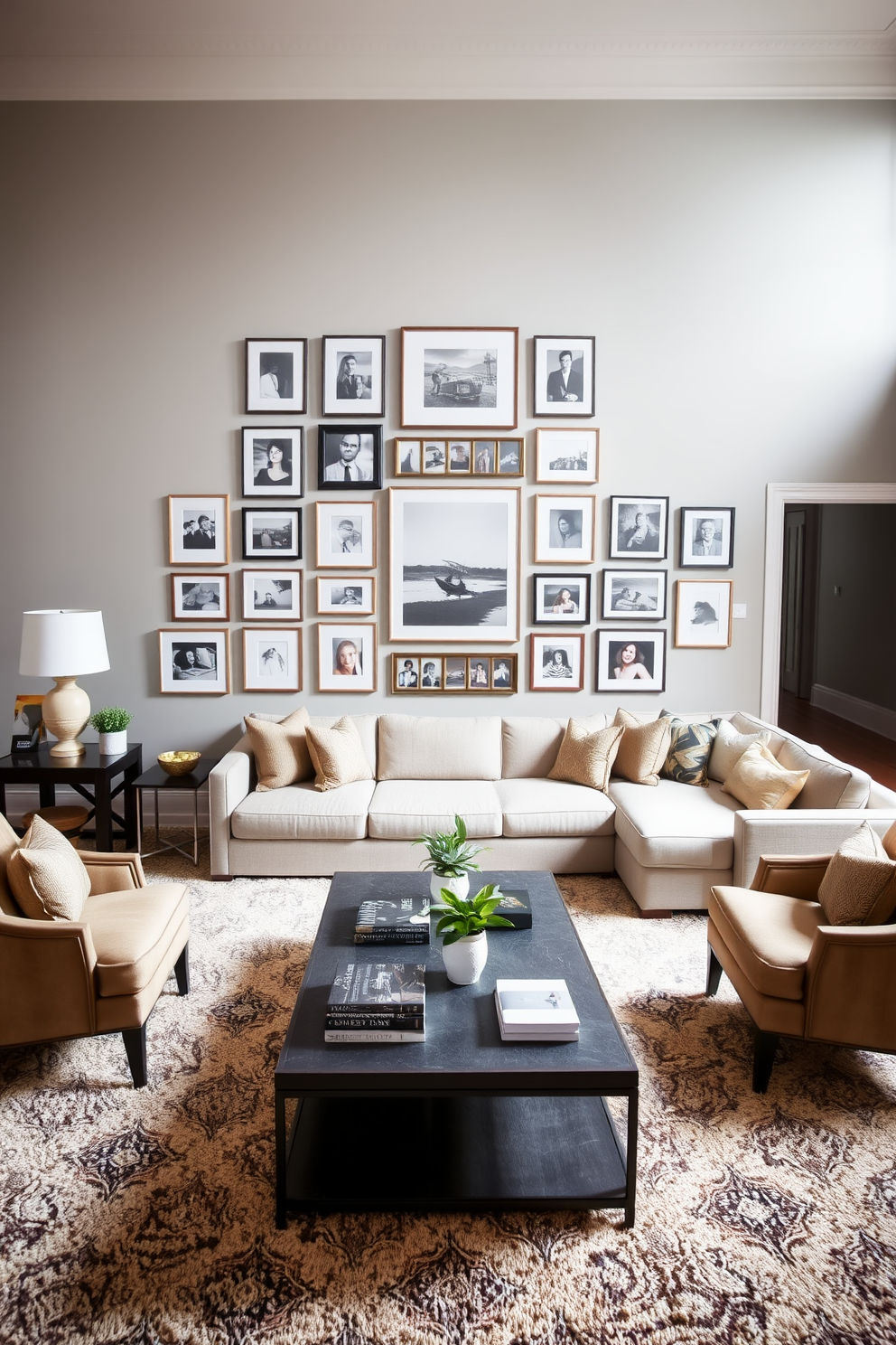 A spacious living room featuring a gallery wall adorned with a collection of framed art and personal photographs. The walls are painted in a soft gray tone, and the floor is covered with a plush area rug that complements the overall color scheme. In the center, a large sectional sofa in a neutral fabric invites comfort, surrounded by elegant accent chairs. A stylish coffee table sits atop the rug, adorned with decorative books and a small potted plant, enhancing the inviting atmosphere.