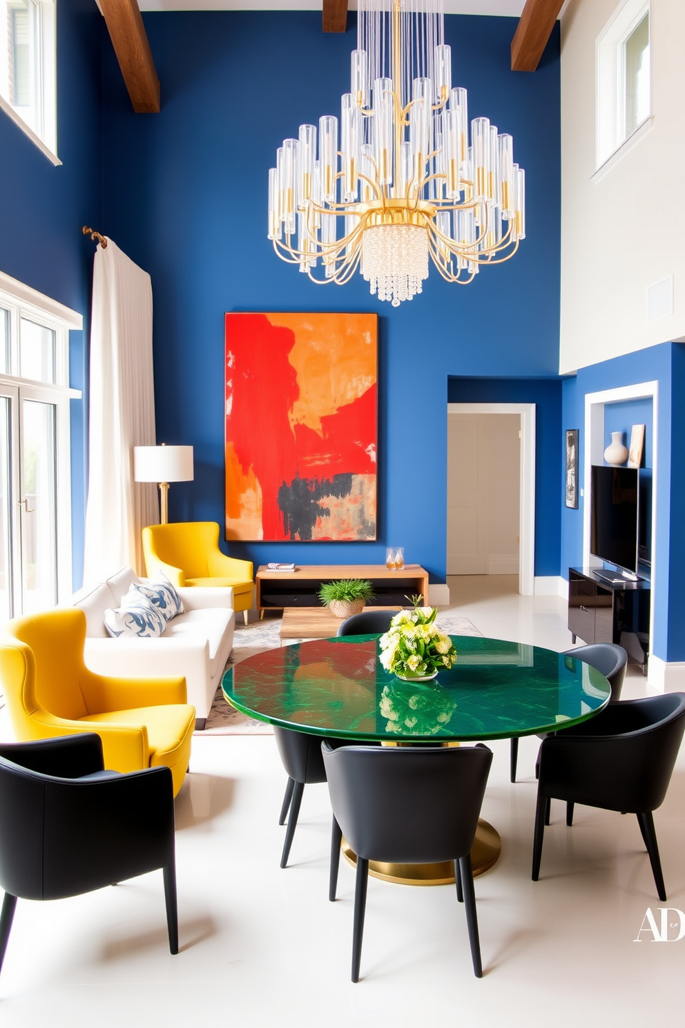 A spacious living room filled with natural light, featuring a bold blue accent wall that contrasts with neutral furniture. A vibrant yellow armchair adds a pop of color, while a large abstract painting in red and orange hangs above a sleek white sofa. The dining area showcases a striking emerald green table surrounded by stylish black chairs. A modern chandelier with gold accents provides a stunning focal point, enhancing the overall elegance of the space.