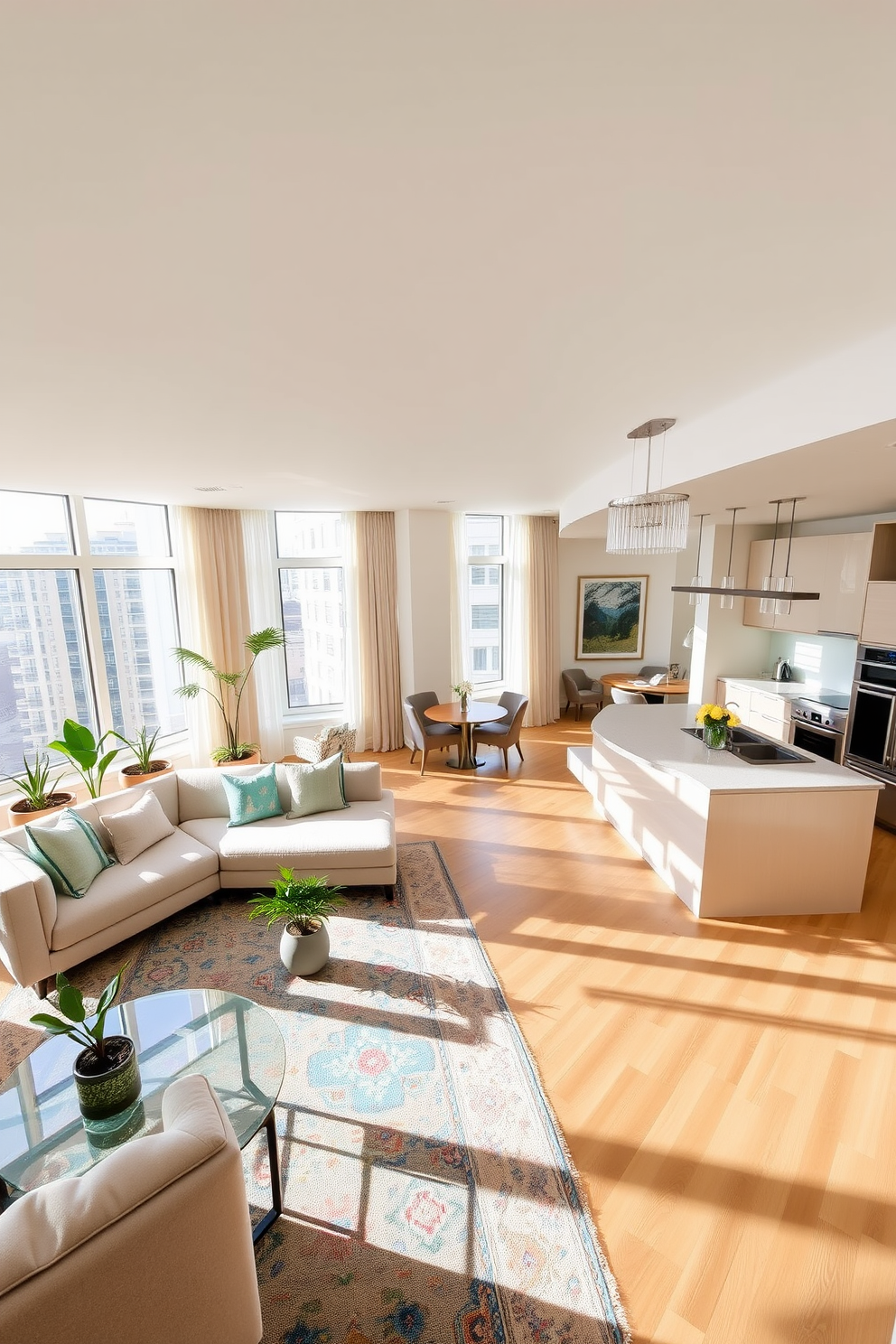 A spacious apartment filled with natural light. Large floor-to-ceiling windows flood the open living area with sunlight, showcasing a blend of modern and cozy furnishings. The living room features a plush sectional sofa in a neutral tone paired with a sleek glass coffee table. A vibrant area rug anchors the space, while potted plants add a touch of greenery. The kitchen boasts a large island with bar seating and high-end appliances seamlessly integrated into custom cabinetry. Pendant lights hang above the island, creating an inviting atmosphere for entertaining. The dining area is adorned with a contemporary table that comfortably seats eight, surrounded by stylish chairs. A statement chandelier hangs above, enhancing the elegance of the space. The master bedroom offers a serene retreat with a king-sized bed dressed in luxurious linens. Soft curtains frame the windows, allowing for privacy while still inviting in the natural light. A dedicated workspace is cleverly integrated into a corner, featuring a sleek desk and ergonomic chair. This area benefits from the apartment's abundant light, creating an inspiring environment for productivity.