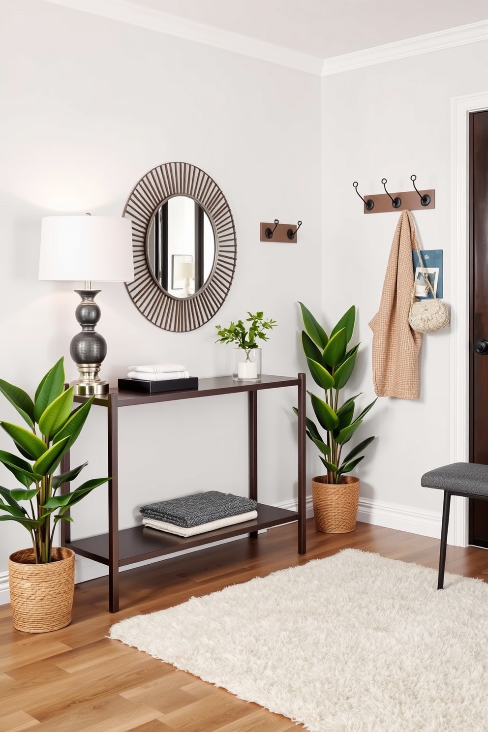 Create an inviting entryway with decor that welcomes guests with warmth and style. The space features a sleek console table adorned with a decorative mirror and a stylish lamp, while a plush area rug adds comfort underfoot. On one side, a set of hooks is mounted on the wall for coats and bags, complemented by a small bench for seating. Potted plants are placed strategically to bring in a touch of nature, enhancing the overall ambiance of the entryway.