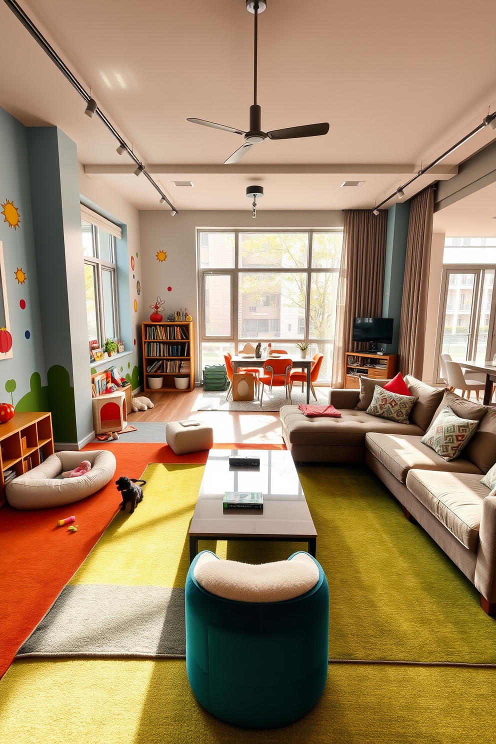 A vibrant play area designed for children features colorful wall decals and soft, cushioned flooring. In one corner, there is a cozy reading nook with a small bookshelf filled with children's books and plush seating. For pets, the area includes a dedicated space with a pet bed, toys scattered around, and a small indoor play structure. Natural light floods the room through large windows, creating an inviting atmosphere for both play and relaxation. In a large apartment, the living area showcases an open floor plan with a blend of modern and cozy furnishings. A statement coffee table sits in the center, surrounded by a plush sectional sofa and accent chairs, creating a perfect space for entertaining guests.