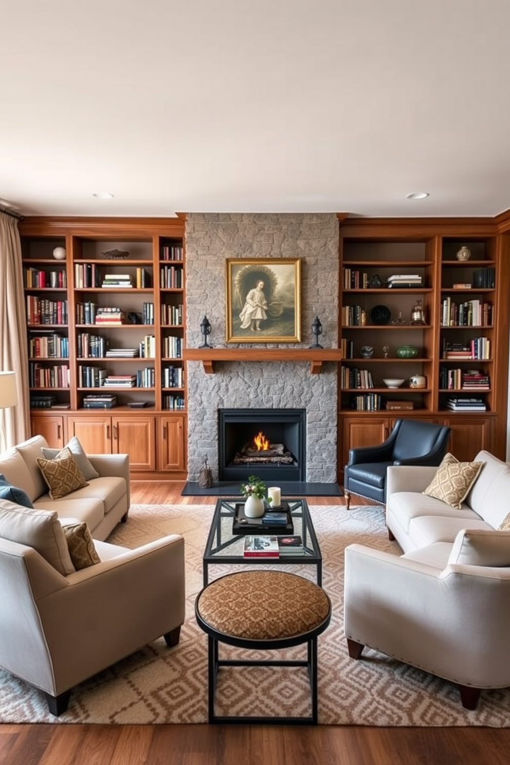 A spacious living room featuring a cozy fireplace as the focal point, surrounded by built-in bookshelves filled with various books and decorative items. The room is adorned with plush seating, including a large sectional sofa and a pair of accent chairs, creating an inviting atmosphere. Large windows allow natural light to flood the space, with sheer curtains gently framing the views outside. The color palette consists of warm neutrals and earthy tones, complemented by a soft area rug that ties the seating arrangement together.