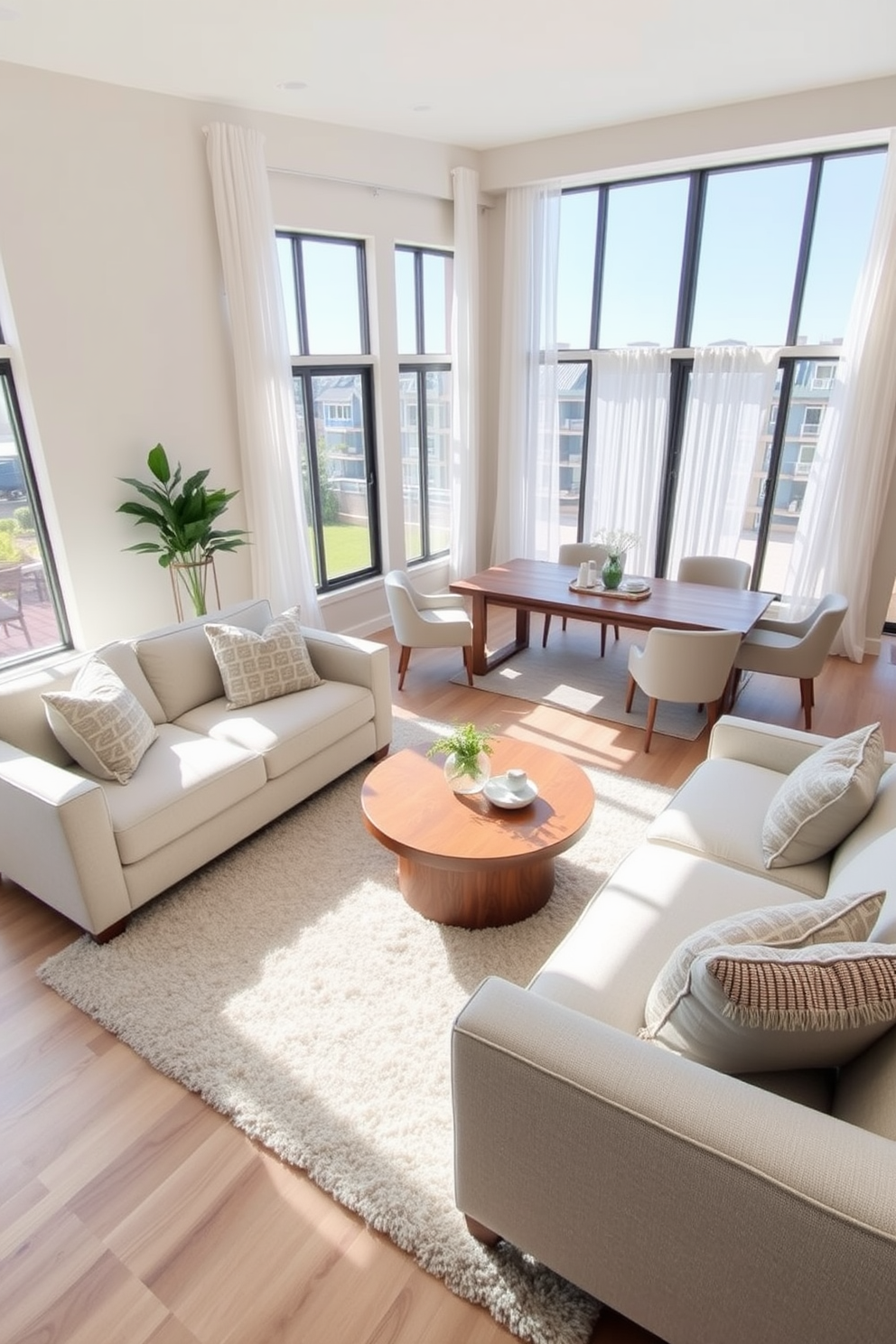 A spacious living room featuring soft beige walls and a light gray sectional sofa adorned with textured throw pillows. A round wooden coffee table sits in the center, complemented by a plush area rug that adds warmth to the space. In the dining area, a sleek wooden table is surrounded by upholstered chairs in muted tones. Large windows allow natural light to flood in, enhancing the airy atmosphere with sheer white curtains gently framing the view.