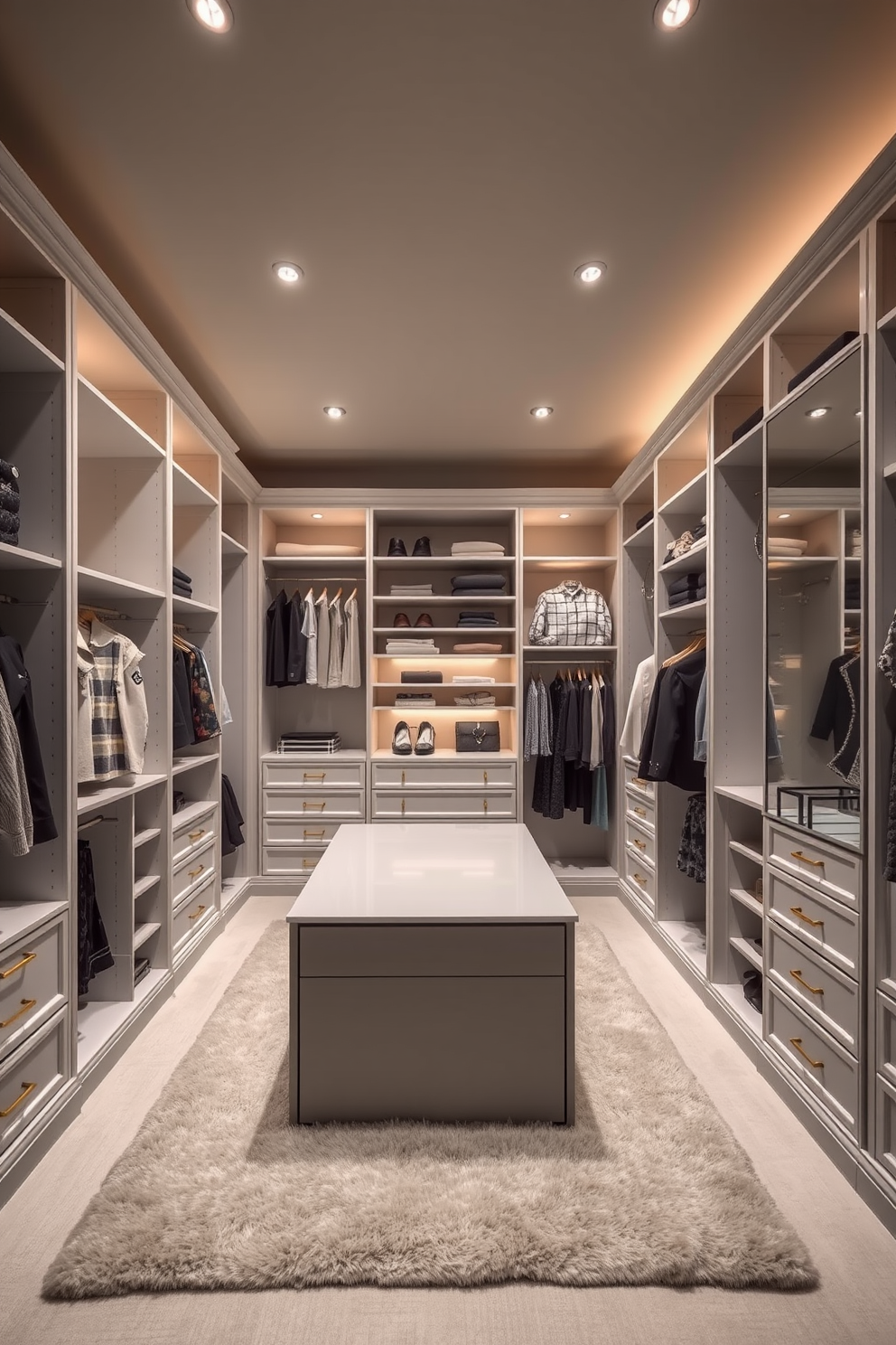 A spacious walk-in closet featuring custom shelving and hanging rods for optimal organization. The walls are painted a soft gray, and a plush area rug adds warmth to the space. Incorporate a central island with drawers for accessories and a full-length mirror on one side. Ambient lighting highlights the elegant design and makes the space feel inviting and luxurious.