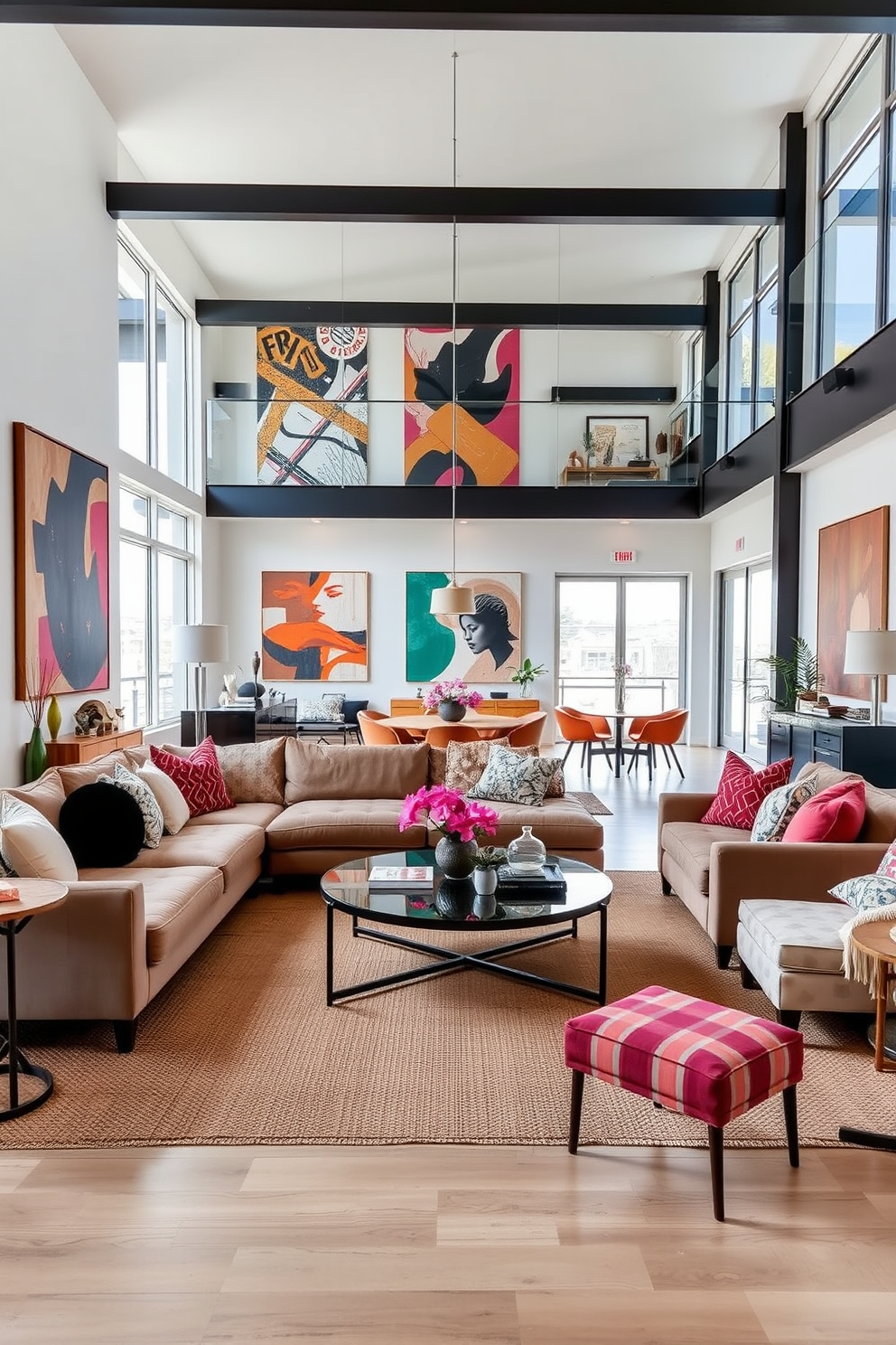 A spacious living area featuring an open floor plan with high ceilings and large windows that flood the space with natural light. The walls are adorned with statement art pieces that add visual interest and personality to the room. The furniture includes a plush sectional sofa in a neutral tone paired with vibrant accent pillows. A stylish coffee table sits at the center, surrounded by a mix of modern and vintage decor elements that create a warm and inviting atmosphere.