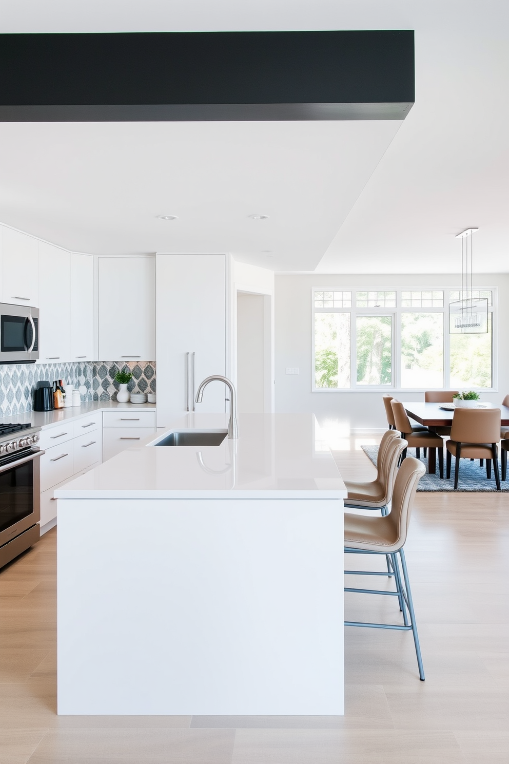 A modern kitchen featuring a spacious island with seating for four. The cabinetry is sleek and white, complemented by stainless steel appliances and a striking backsplash of geometric tiles. In the adjacent dining area, a large table is surrounded by comfortable chairs, creating an inviting space for gatherings. The open layout allows for plenty of natural light to fill the room, enhancing the contemporary feel.