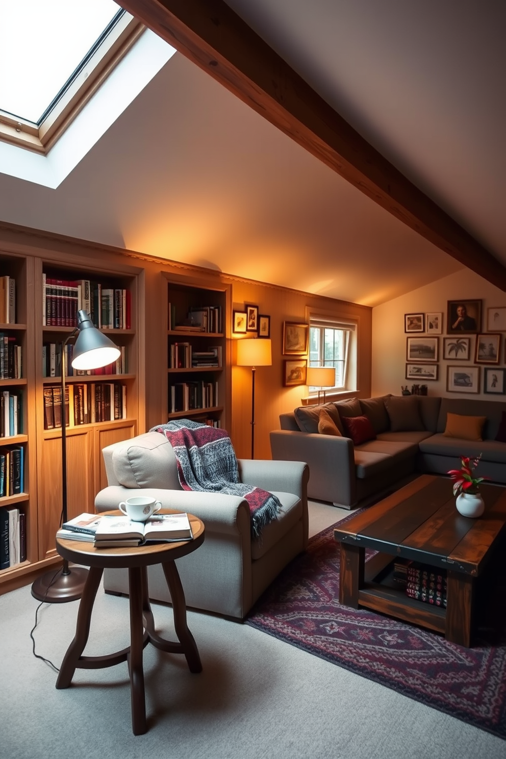 Cozy reading nook with built-in shelves. A plush armchair is nestled in the corner, surrounded by warm lighting and soft blankets. Large attic design ideas. The space features exposed wooden beams and large windows that flood the area with natural light, creating a perfect retreat.