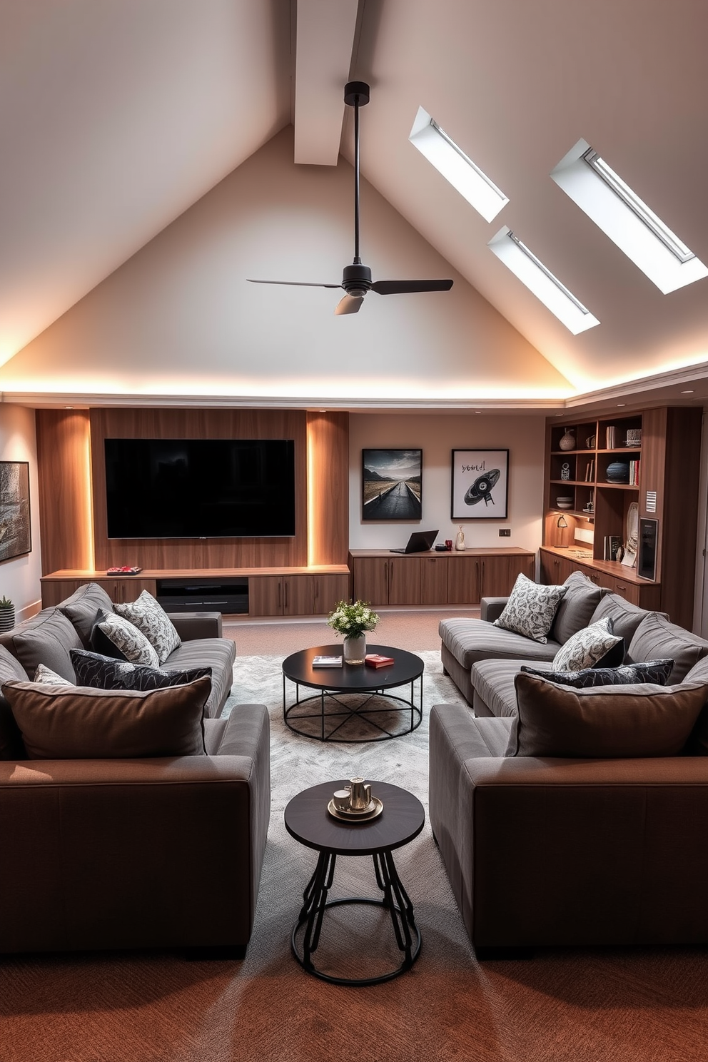 A rustic lounge area featuring exposed wooden beams and a cozy stone fireplace. The furniture includes a large leather sofa and a reclaimed wood coffee table surrounded by plush area rugs. Large attic design ideas that maximize space and natural light. The design incorporates skylights and a mix of vintage and modern furnishings to create a warm and inviting atmosphere.