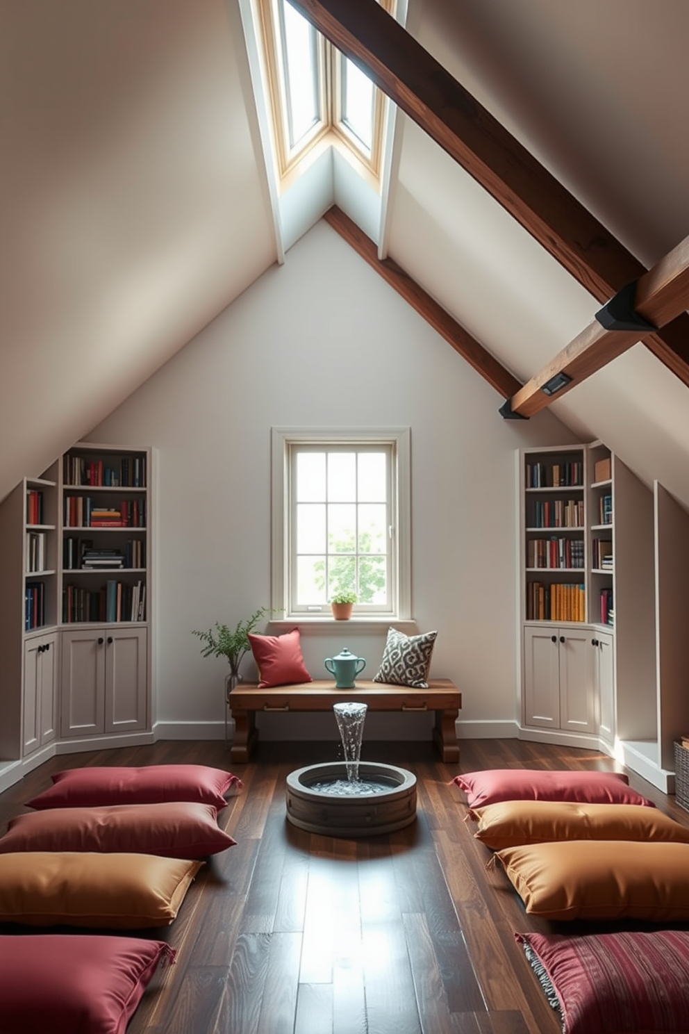 A tranquil meditation space with soft lighting. The room features floor cushions in calming colors and a small indoor water fountain that creates a soothing sound. Large attic design ideas that maximize space and light. The area includes built-in bookshelves, a cozy reading nook by a skylight, and rustic wooden beams that add character.