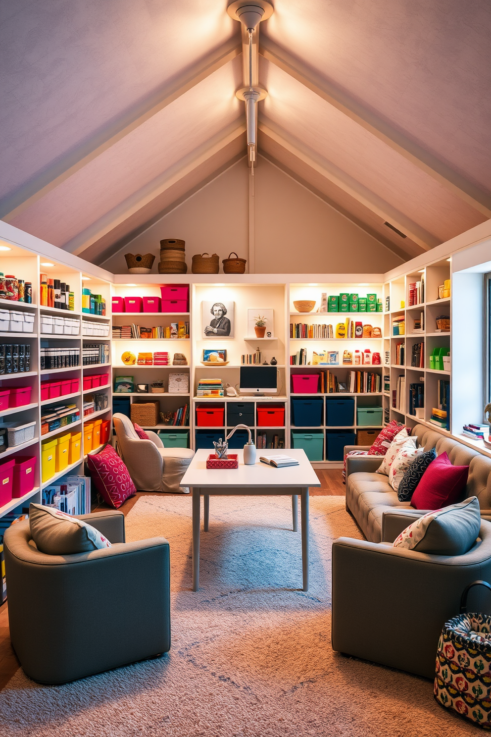 A creative craft room filled with organized supplies. There are shelves lined with colorful bins and jars, a large table in the center for projects, and bright lighting illuminating the space. Large attic design ideas featuring a cozy reading nook. The area is adorned with plush seating, built-in bookshelves, and soft, ambient lighting, creating an inviting atmosphere for relaxation and creativity.