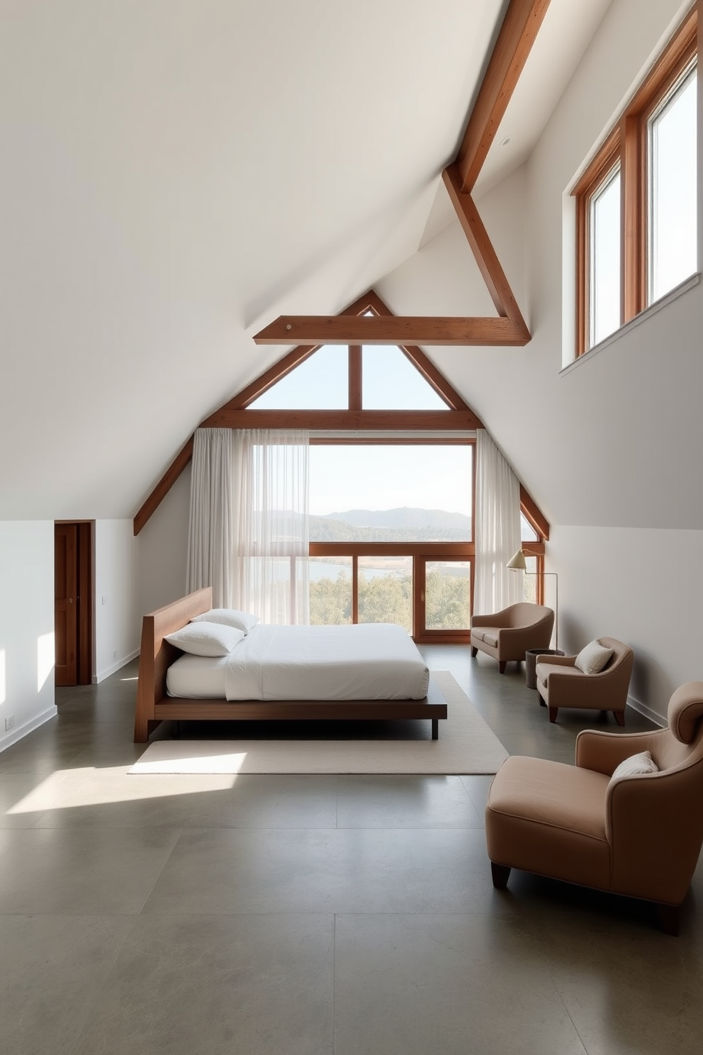 A sleek minimalist bedroom features a low-profile bed with crisp white bedding and a simple wooden headboard. Soft natural light filters through sheer curtains, illuminating the neutral-toned walls and polished concrete floor. The large attic design incorporates exposed wooden beams and a cozy reading nook with a plush armchair. A large window provides a panoramic view, while a subtle color palette enhances the airy feel of the space.