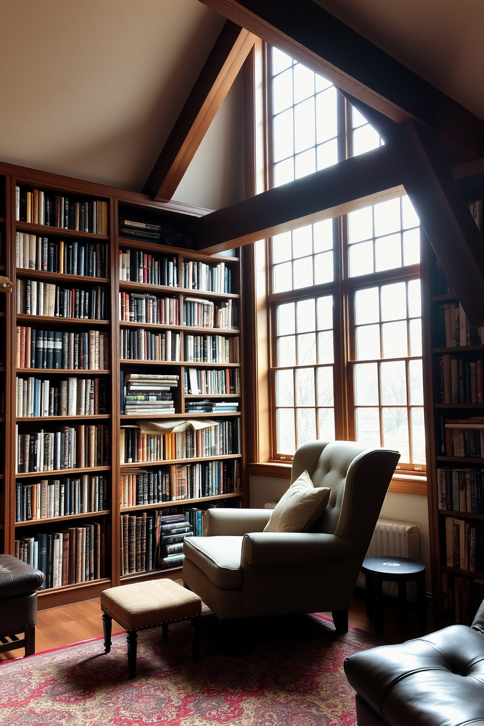 Inviting library with floor-to-ceiling bookshelves. The shelves are filled with an array of books, and a cozy reading nook with a plush armchair sits in the corner, bathed in soft natural light from a large window. Large attic design ideas. The space features exposed wooden beams and is decorated with a mix of vintage and modern furnishings, creating a warm and inviting atmosphere perfect for relaxation or creative pursuits.