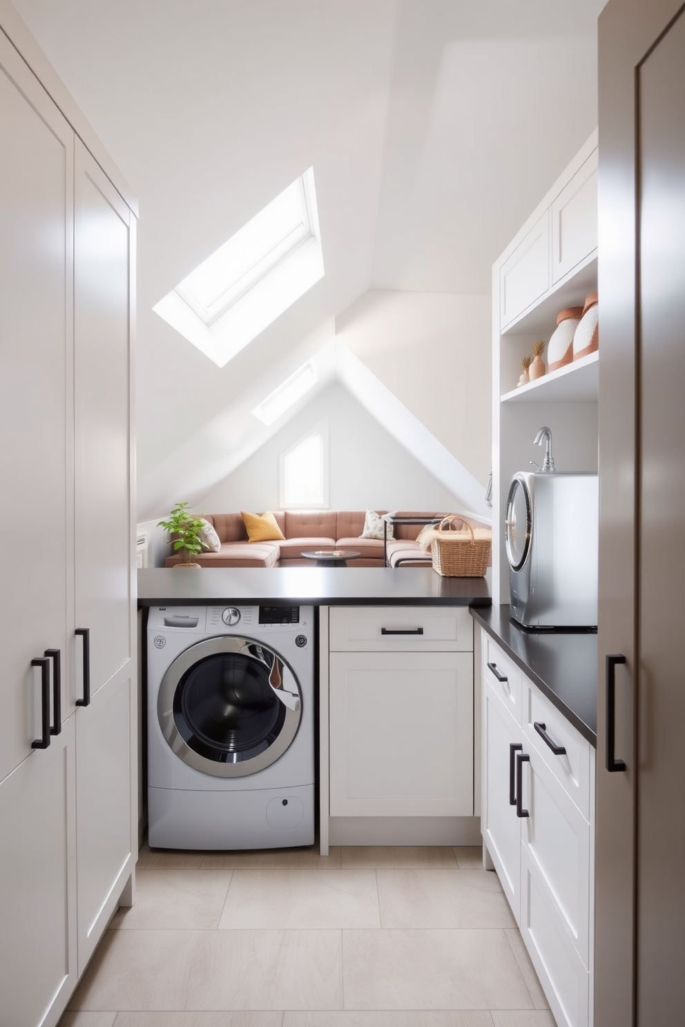 Functional laundry room with hidden appliances. The space features sleek cabinetry that conceals the washer and dryer, creating a clean and organized look. Large attic design ideas. The area is transformed into a cozy retreat with sloped ceilings, plush seating, and ample natural light streaming through strategically placed skylights.