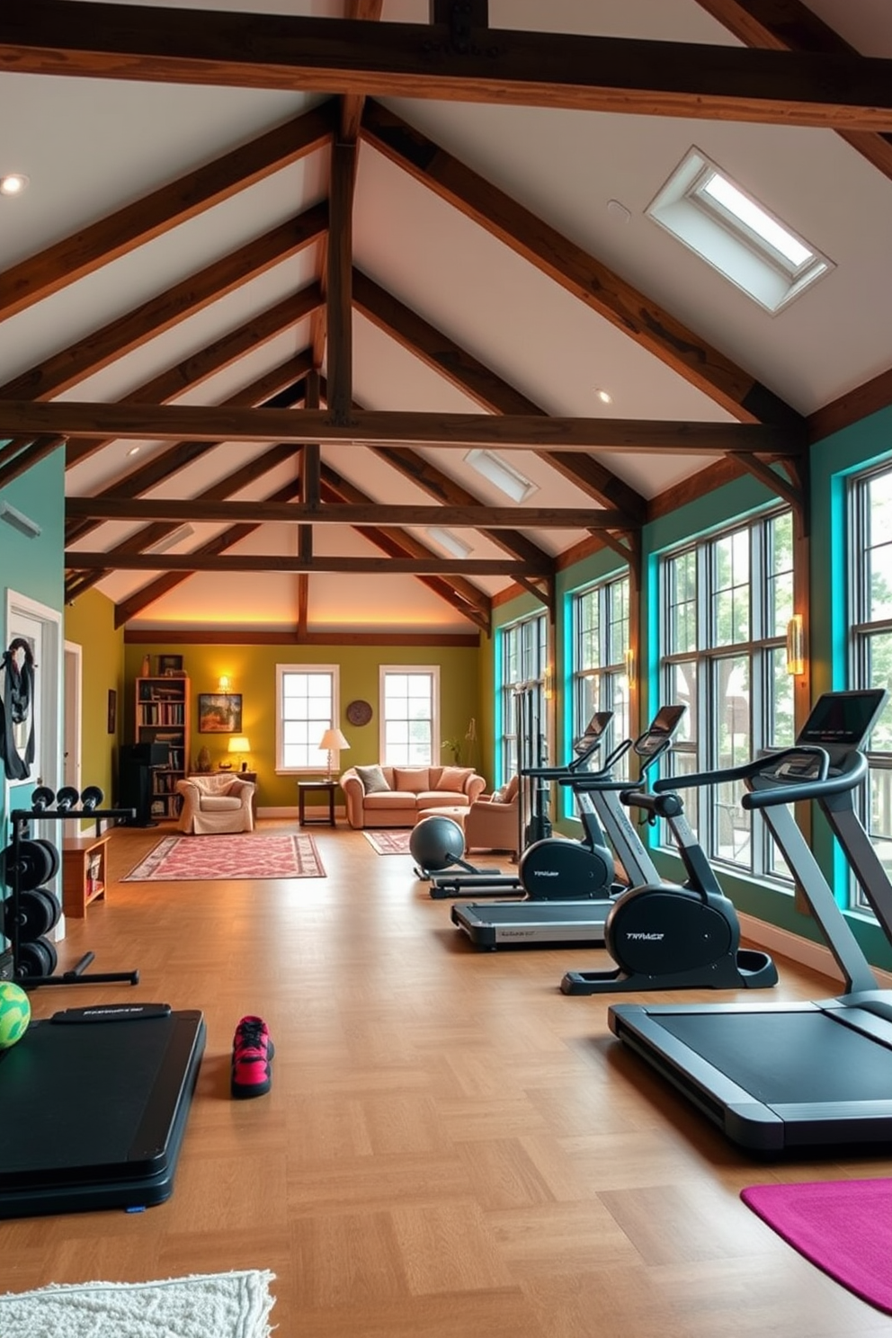 A spacious workout area featuring a variety of gym equipment including a treadmill, weights, and a yoga mat. The walls are painted in a bright, energizing color and large windows provide ample natural light. A large attic designed as a cozy retreat with a comfortable seating area and a small reading nook. The space is adorned with soft lighting, wooden beams, and plush rugs to create a warm and inviting atmosphere.