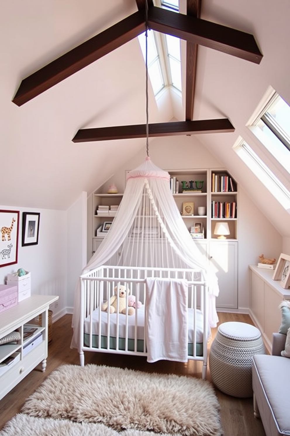 A charming nursery with soft pastel colors features a cozy crib draped in a delicate canopy. The walls are adorned with whimsical animal prints, and a plush area rug adds warmth to the space. Large attic design ideas transform the space into a multifunctional area with ample natural light streaming through skylights. Cozy seating arrangements and built-in shelving create an inviting atmosphere perfect for relaxation or creative pursuits.