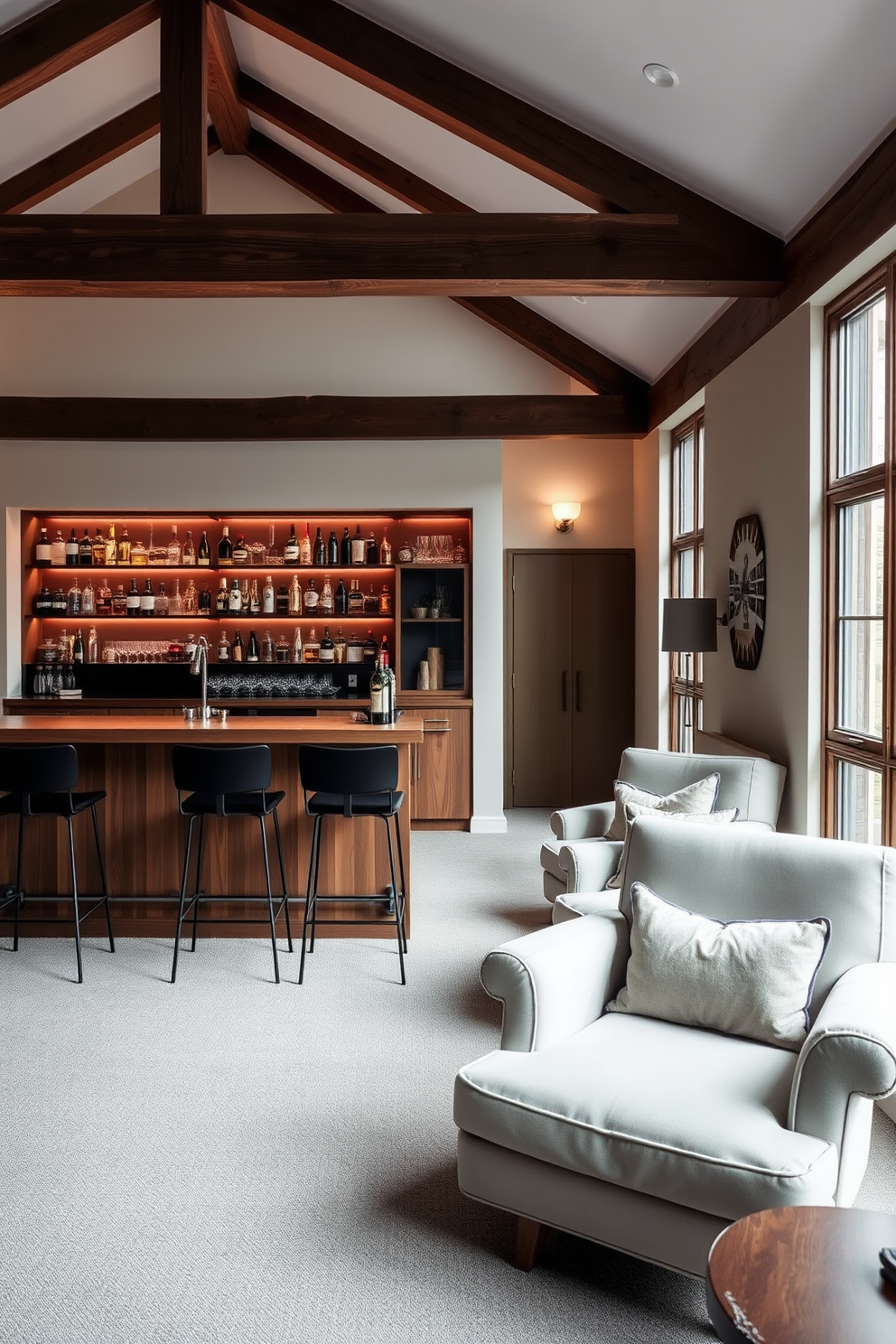 A stylish bar area featuring sleek bar stools arranged around a polished wooden counter. The backdrop is adorned with an array of colorful liquor bottles and decorative glassware, complemented by ambient lighting. Large attic design ideas that maximize space and functionality. The area showcases a cozy reading nook with plush seating, surrounded by built-in shelves filled with books and decorative items.