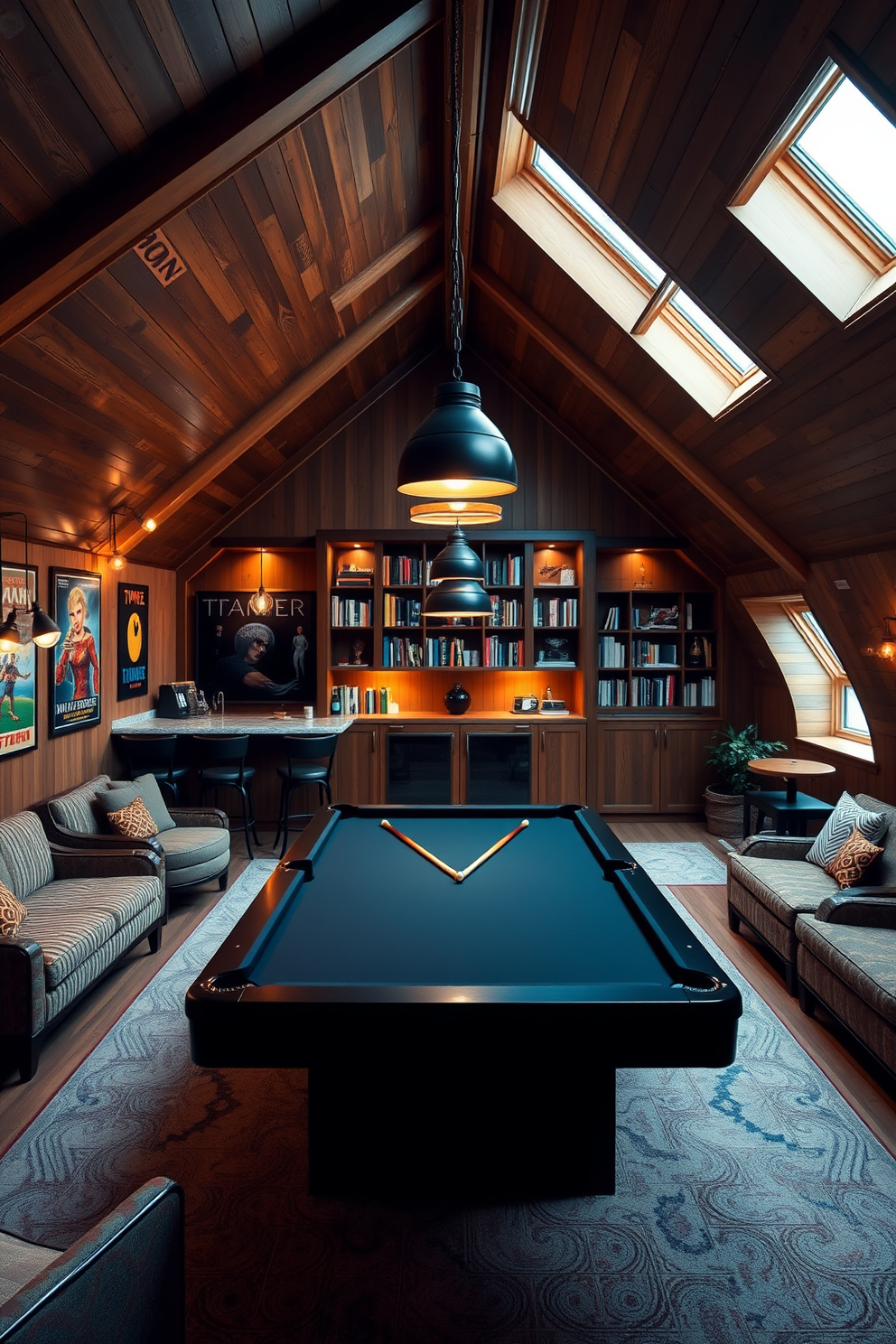 A unique game room featuring a sleek billiards table at its center, surrounded by comfortable seating and stylish lighting fixtures. The walls are adorned with vintage gaming posters, and a bar area is set up in one corner for refreshments. Large attic design ideas include a cozy reading nook with built-in bookshelves and plush seating, illuminated by natural light from skylights. The space is accentuated with warm wood tones and soft textiles to create an inviting atmosphere.