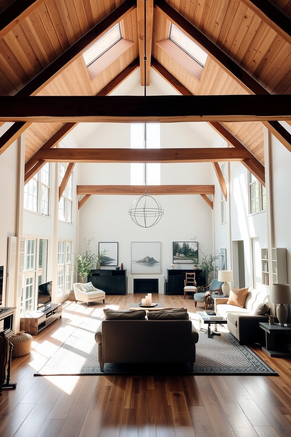 Bright open space with large windows. Sunlight floods the room, illuminating the airy atmosphere and highlighting the minimalist decor. Large attic design ideas. The space features exposed beams, cozy nooks, and a blend of modern and rustic furnishings that create a warm, inviting retreat.