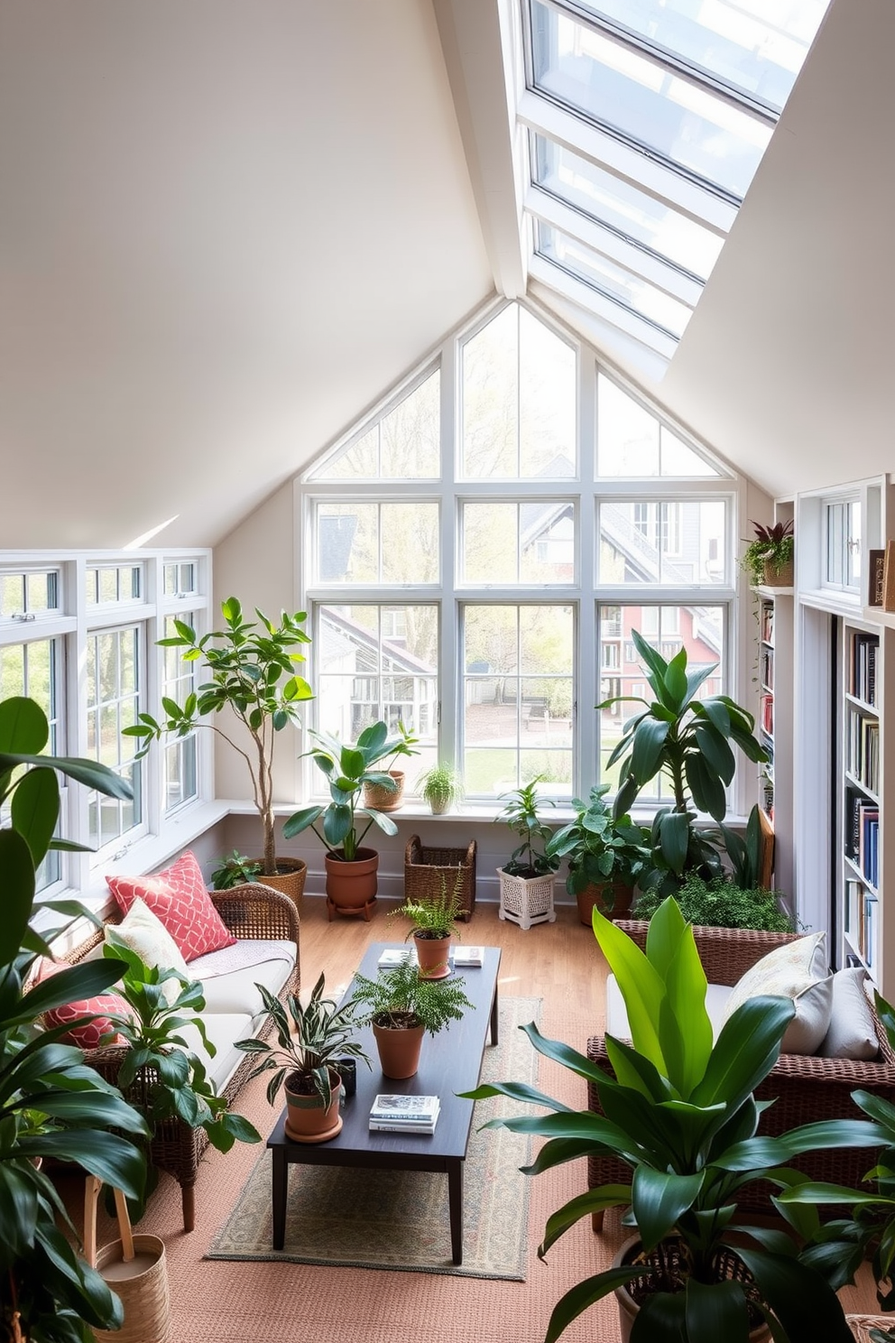 Bright sunroom with plants and seating. The room is filled with natural light, featuring large windows and comfortable furniture arranged for relaxation. Large attic design ideas. The space is transformed into a cozy retreat, with sloped ceilings, built-in bookshelves, and soft lighting creating an inviting atmosphere.