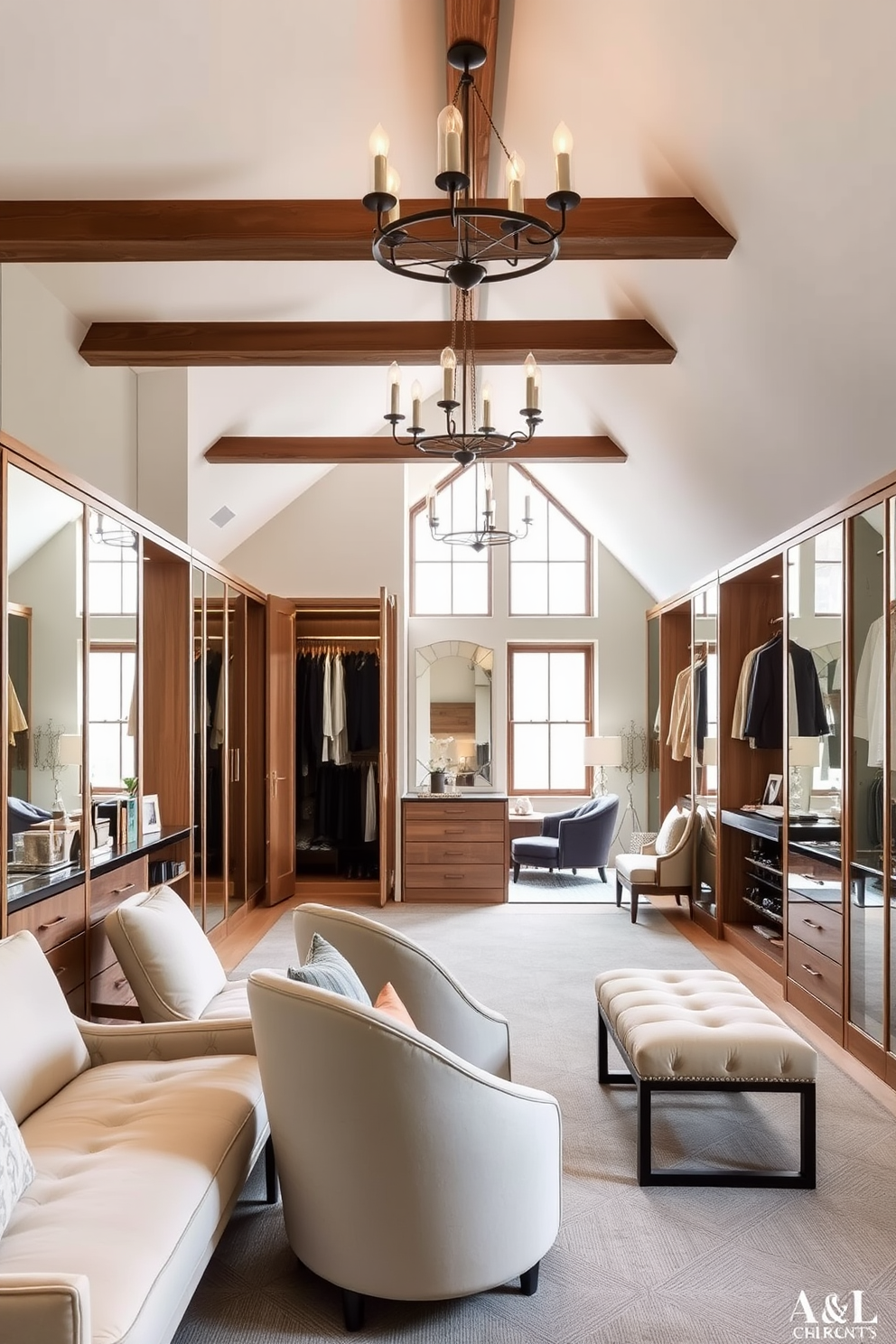 Luxurious dressing room with ample mirrors. The space features elegant lighting, plush seating, and custom cabinetry to showcase a curated wardrobe. Large attic design ideas. The area is transformed into a cozy retreat with exposed beams, natural light, and stylish furnishings that maximize the unique space.