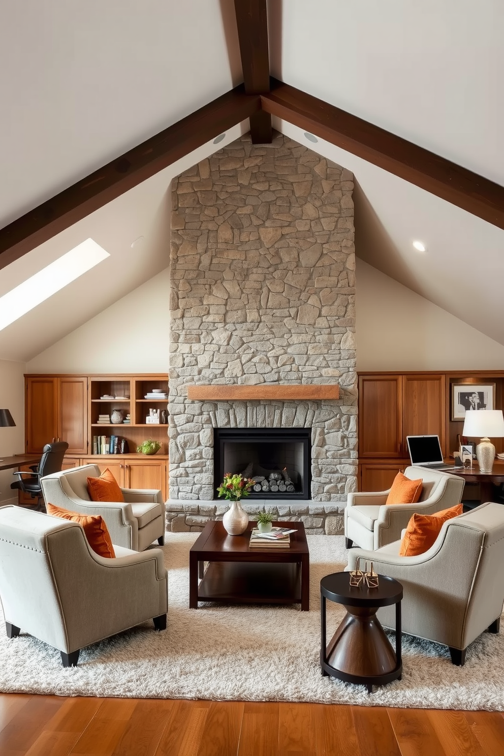 Cozy den with fireplace and seating. The room features a stone fireplace as the focal point, surrounded by plush armchairs and a soft area rug. Large attic design ideas. The space is transformed into a multifunctional area with a comfortable lounge, a desk for work, and ample storage solutions.