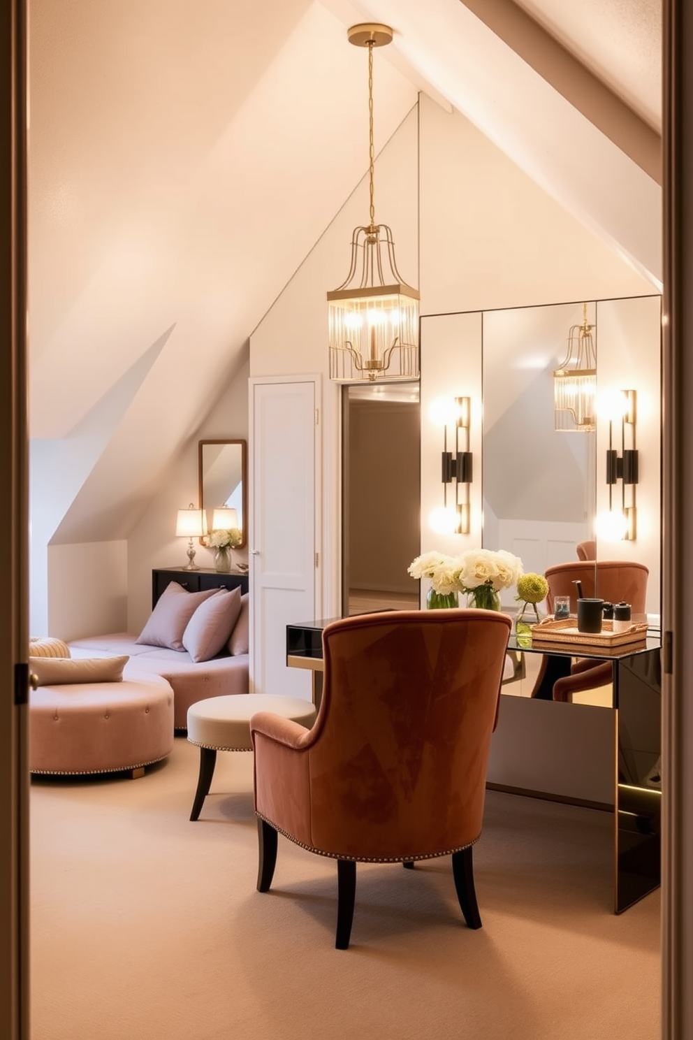 Glamorous dressing area with vanity lights. The space features a plush velvet chair in front of a large mirrored vanity, illuminated by elegant pendant lights. Large attic design ideas. The area is transformed into a cozy retreat with sloped ceilings, featuring a comfortable seating arrangement and soft, ambient lighting.