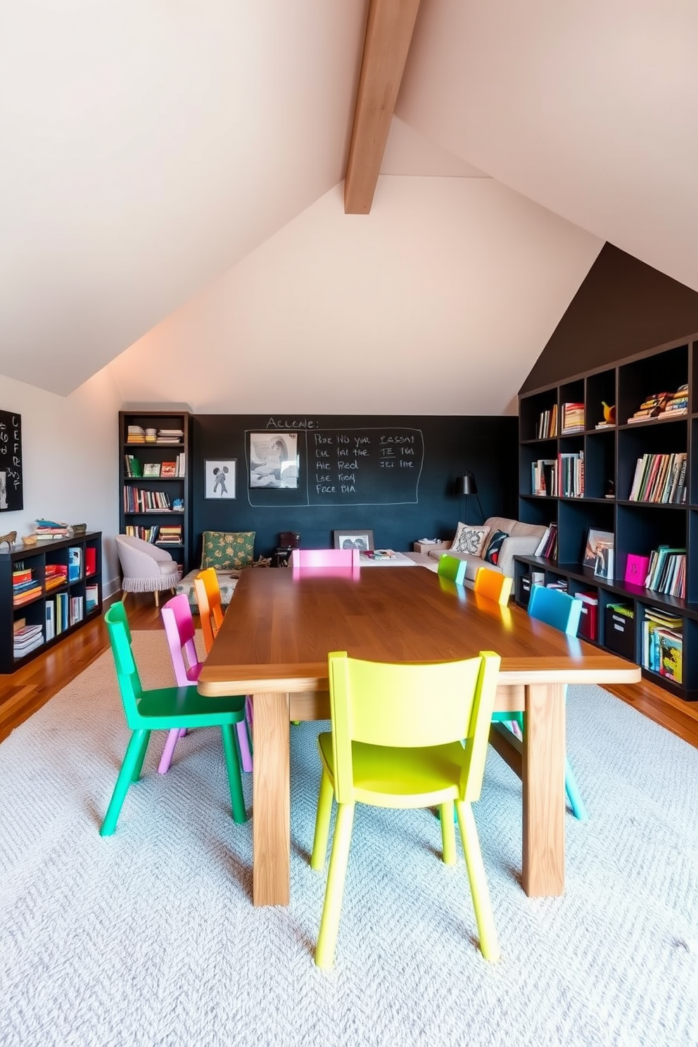 A functional home gym featuring a variety of exercise equipment including a treadmill, weights, and a yoga mat. The walls are painted in a light gray color, and large windows allow natural light to flood the space, creating an inviting atmosphere. Large attic design ideas include a cozy reading nook with built-in bookshelves and a comfortable armchair. The space is illuminated by pendant lights, and the walls are adorned with rustic wooden beams, giving it a warm and charming feel.