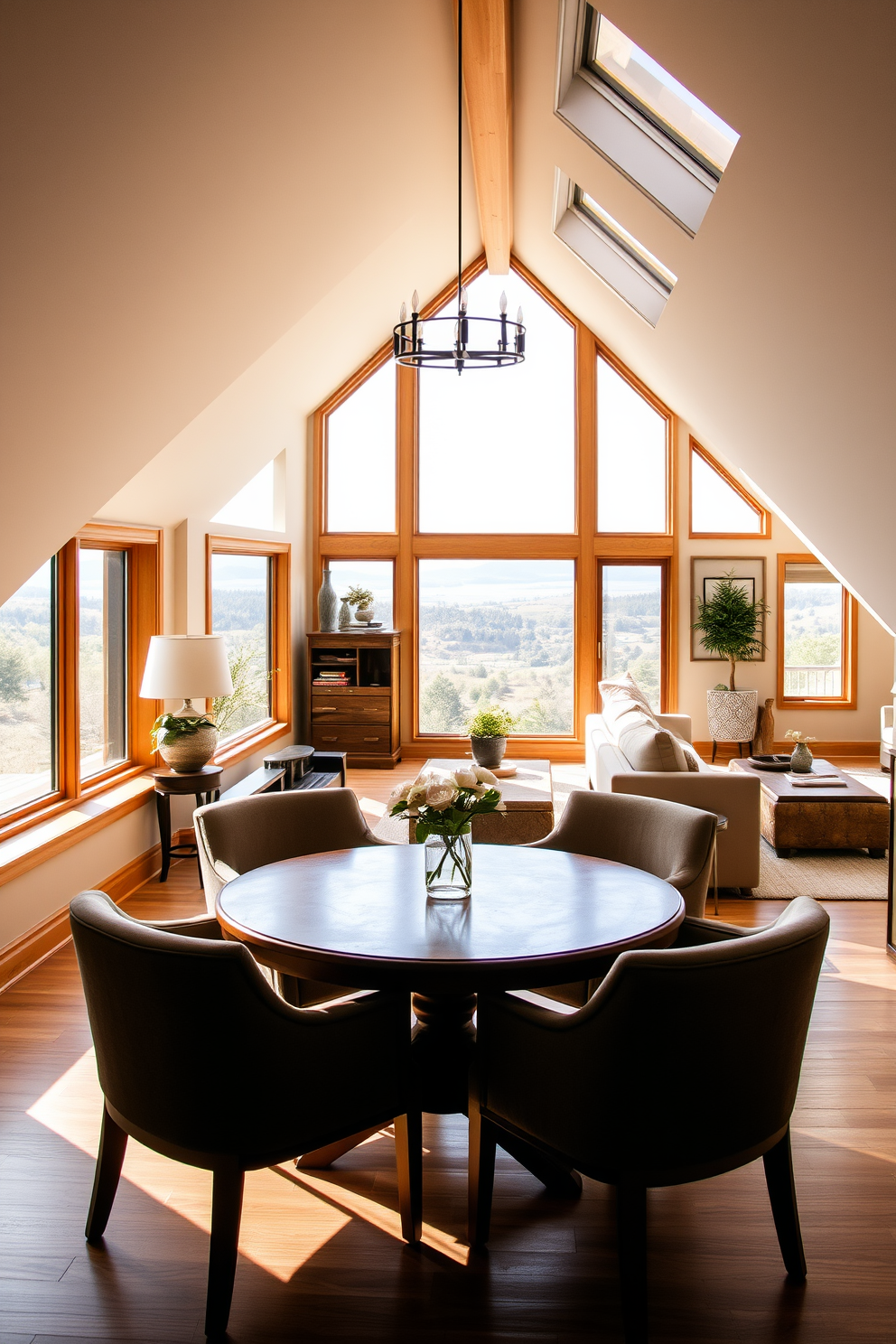 Elegant dining area with statement lighting. A long wooden table is surrounded by upholstered chairs in a soft neutral tone, and a stunning chandelier hangs above, casting a warm glow across the space. Large attic design ideas. The attic features exposed beams and skylights, creating an airy atmosphere, with a cozy reading nook nestled in one corner and a stylish workspace on the opposite side.