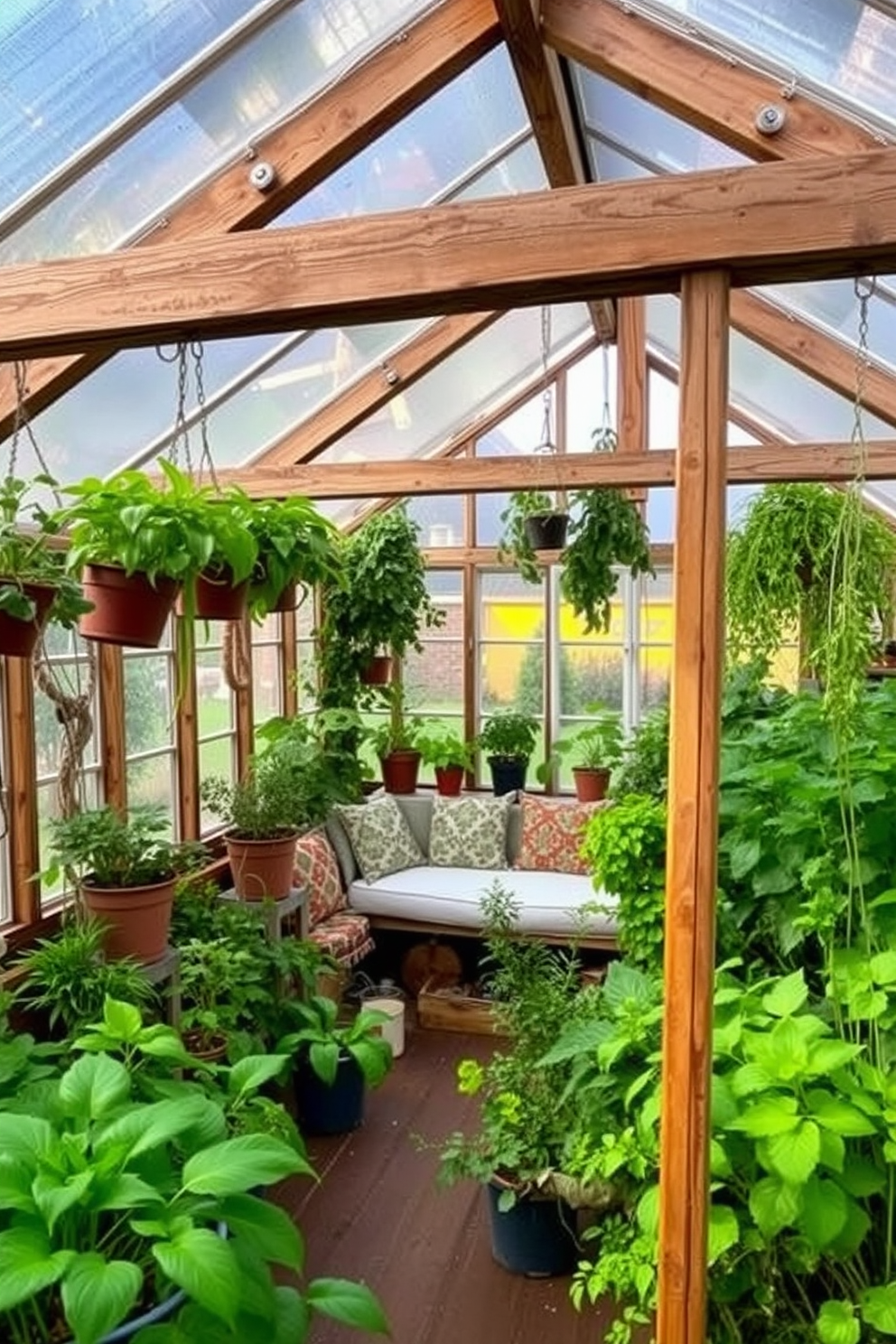 Charming greenhouse for indoor gardening. The space is filled with lush greenery, featuring a variety of potted plants and hanging herbs. Large attic design ideas. The area is transformed into a cozy retreat with a comfortable seating arrangement, exposed beams, and warm lighting.