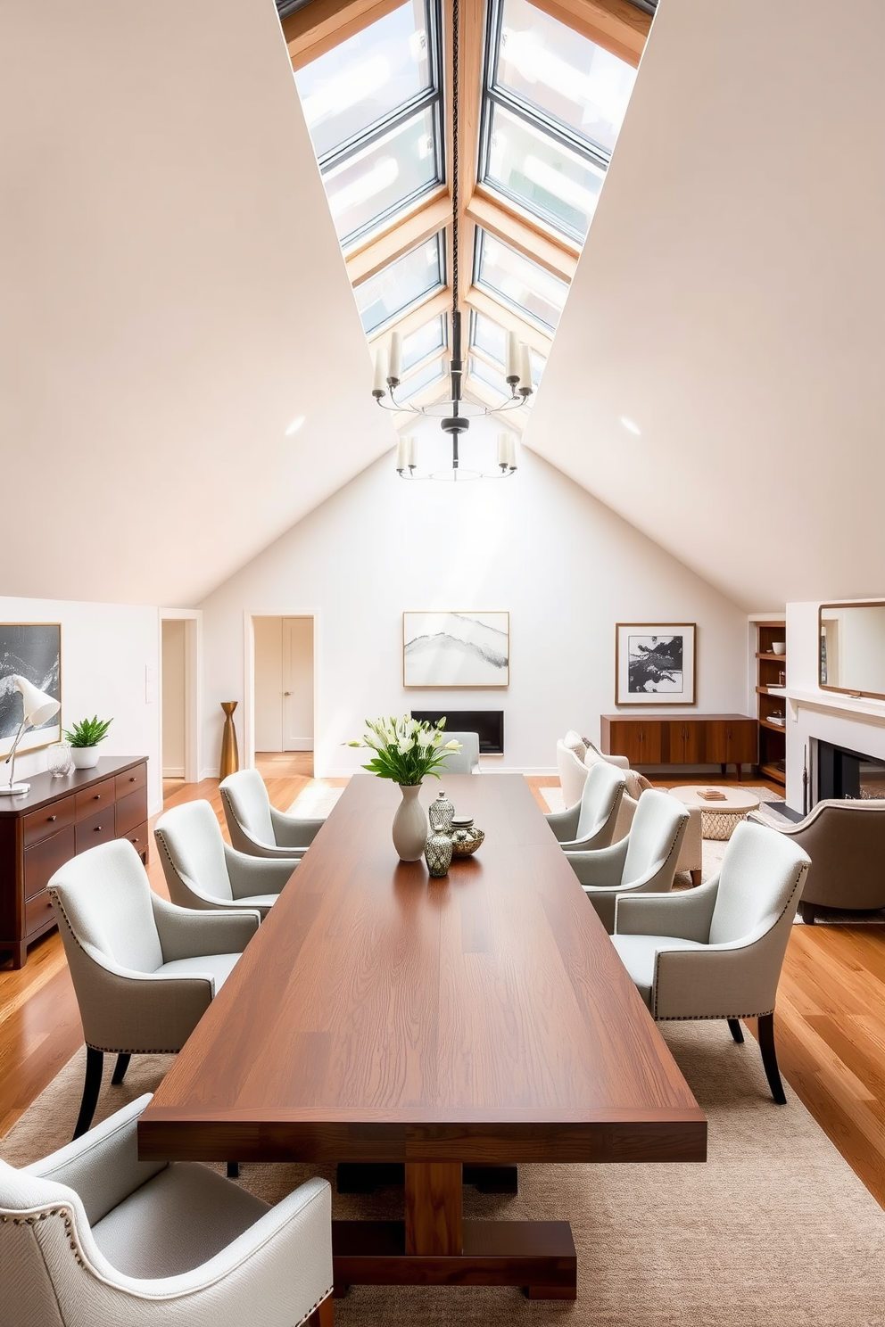 Elegant dining area for family gatherings. The space features a long wooden table surrounded by upholstered chairs in soft neutral tones. Large attic design ideas. The attic is transformed into a cozy lounge with plush seating and a skylight that floods the room with natural light.