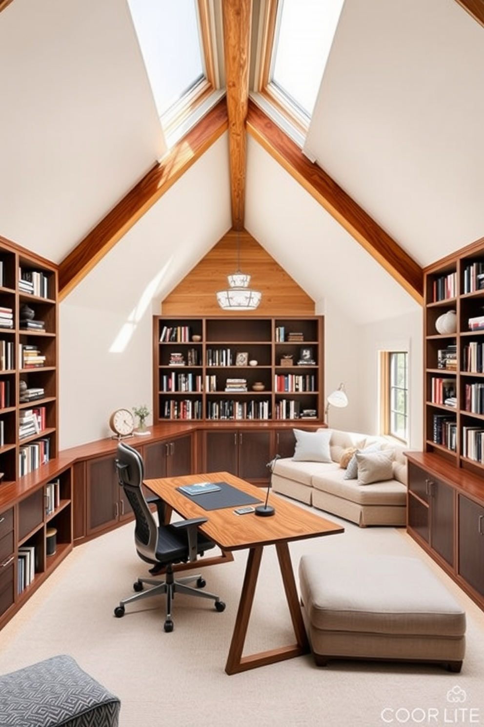 A stylish home office features built-in shelves that stretch from floor to ceiling filled with books and decorative items. A sleek wooden desk sits in front of a large window, allowing natural light to flood the space, complemented by a comfortable ergonomic chair. Large attic design ideas showcase a cozy reading nook created with plush seating and soft lighting. The space is adorned with exposed wooden beams and large skylights, creating an inviting atmosphere perfect for relaxation or creativity.