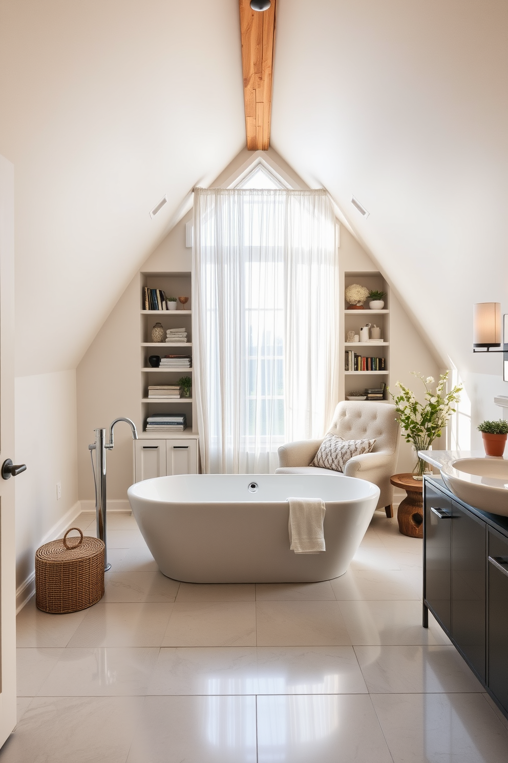 Relaxing spa-like bathroom with soaking tub. The space features a freestanding white soaking tub positioned near a large window with sheer curtains allowing natural light to flow in. Large attic design ideas. The attic is transformed into a cozy reading nook with built-in shelves, a plush armchair, and soft lighting creating an inviting atmosphere.