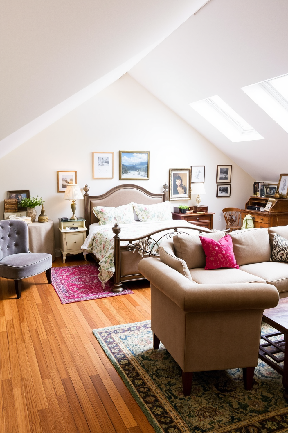 Chic guest bedroom with vintage decor. The room features a plush queen-sized bed dressed in a floral quilt, flanked by antique nightstands with brass lamps. The walls are painted in a soft pastel hue, and a vintage rug adds warmth to the hardwood floor. A cozy reading nook with a velvet armchair and a small bookshelf completes the inviting atmosphere. Large attic design ideas. The space is transformed into a bright studio with skylights allowing natural light to flood in. A comfortable sectional sofa is paired with a rustic coffee table, while a gallery wall showcases framed artwork and photographs.