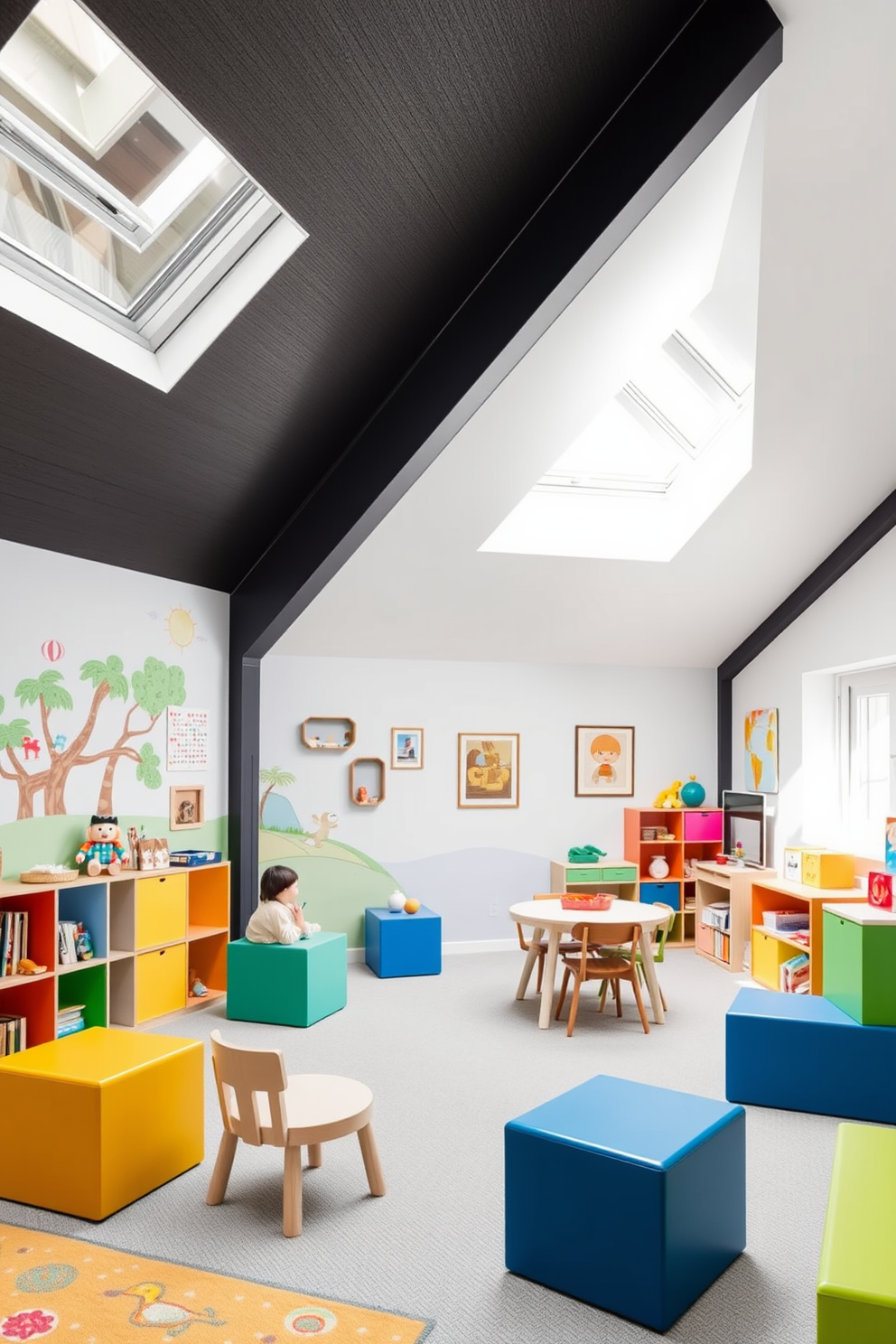 A cozy family game room filled with plush seating arranged around a large coffee table. The walls are adorned with colorful artwork and shelves stocked with board games and books. A stylish attic design featuring exposed wooden beams and large windows that let in natural light. The space is furnished with a mix of vintage and modern decor, creating a warm and inviting atmosphere.