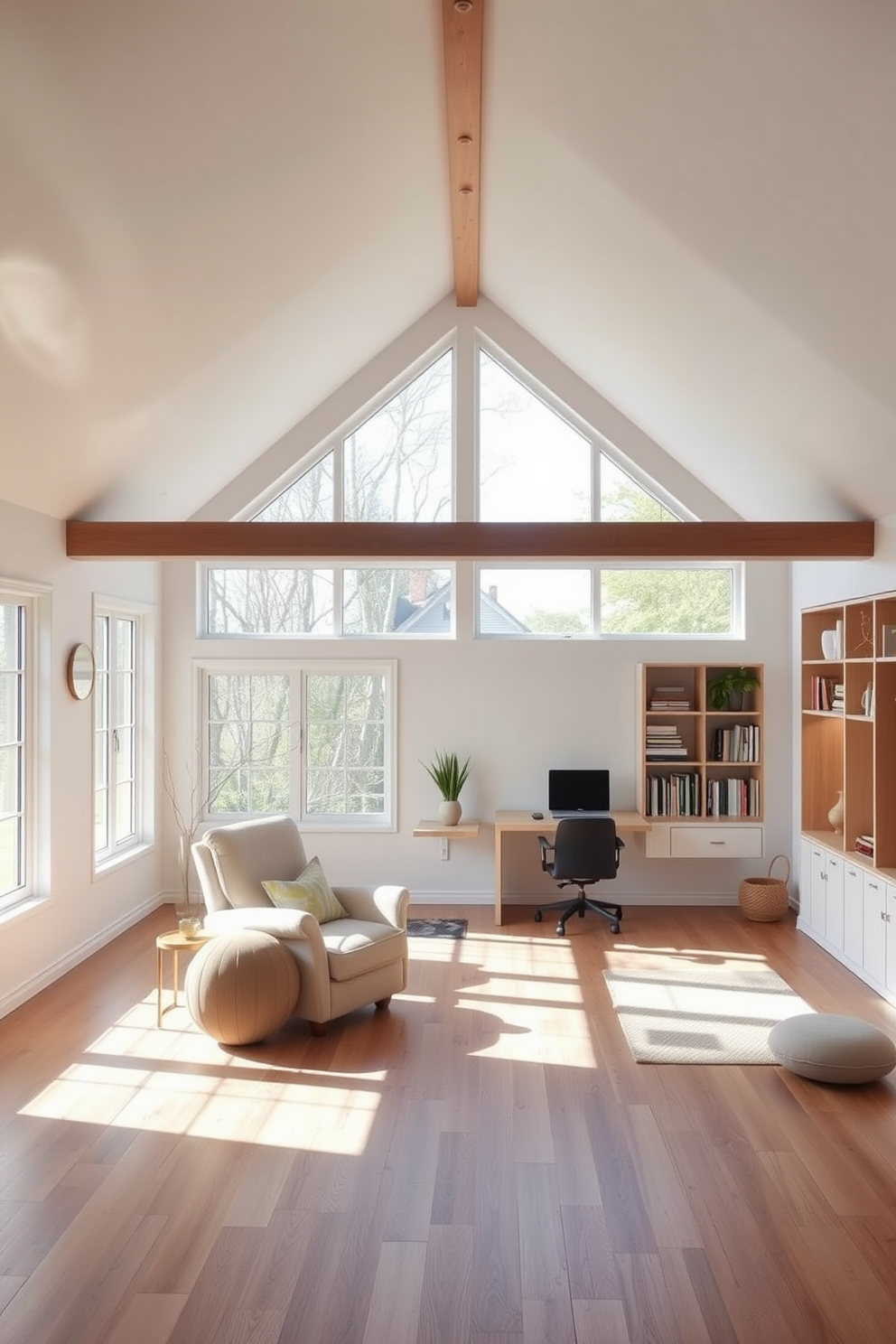 A serene yoga studio filled with natural light. The space features large windows that let in sunlight, creating a calm atmosphere with bamboo flooring and soft, neutral colors. Large attic design ideas that maximize space and functionality. The design includes cozy nooks with built-in shelves, a reading area with a plush chair, and a workspace under the sloped ceiling.