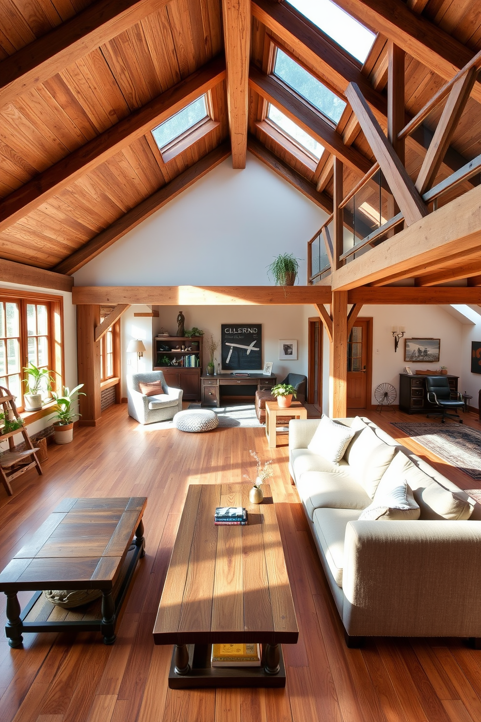 A rustic loft with exposed wooden beams features a spacious open-plan layout filled with natural light. The warm wooden floors complement the high ceilings, and a large, inviting sectional sofa is arranged around a reclaimed wood coffee table. The design incorporates a cozy reading nook by the window with a plush armchair and a small bookshelf. Vintage decor items and potted plants add character and warmth to the overall aesthetic. For the large attic design, the space is transformed into a multifunctional area with a home office and a guest sleeping space. Skylights provide ample daylight, while a soft color palette creates a serene atmosphere.