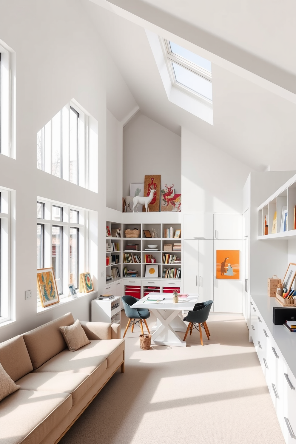 A minimalist meditation space with soft lighting. The room features a simple low platform bed surrounded by plants and a cozy rug. Large attic design ideas that maximize natural light. The space includes skylights, a comfortable seating area, and built-in shelving for organization.