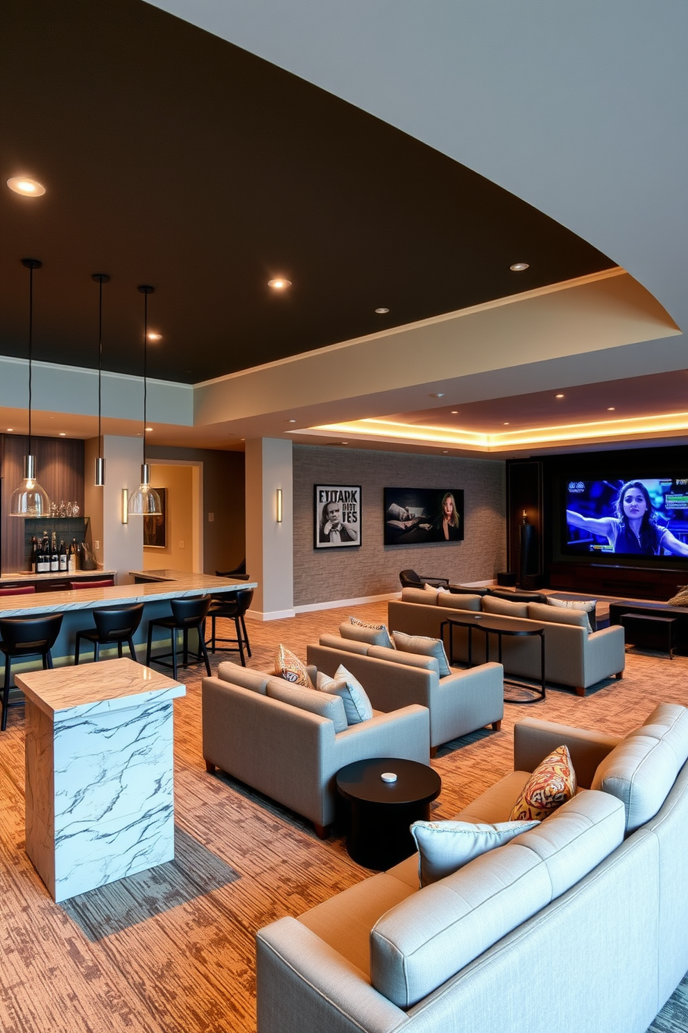 Cozy movie theater with plush seating. The walls are painted in a deep navy blue, and soft ambient lighting creates a warm atmosphere. Large basement design ideas. The space features an open layout with a game area, a wet bar, and comfortable lounge seating for entertaining guests.