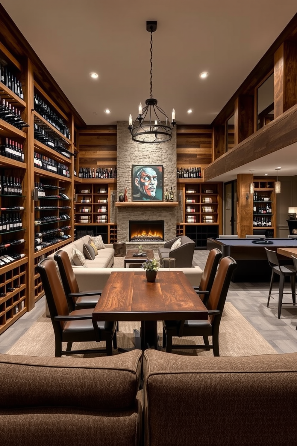 Chic wine cellar with rustic accents. The walls are lined with reclaimed wood shelves displaying a variety of wine bottles, while wrought iron racks add a touch of elegance. Soft ambient lighting illuminates the space, highlighting the rich tones of the wood and the deep hues of the wine. A rustic wooden table with high-backed chairs sits in the center, creating an inviting area for tasting and conversation. Large basement design ideas. The open layout features a cozy lounge area with plush sofas and a modern fireplace, perfect for entertaining guests. Adjacent to the lounge, a game area includes a billiards table and a bar with stylish stools, creating a multifunctional space for relaxation and enjoyment.