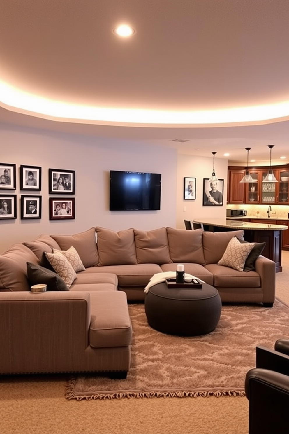 A cozy family room featuring a large sectional sofa in soft gray fabric. The walls are adorned with framed family photos, and a plush area rug anchors the seating arrangement. An inviting basement design that includes a multi-functional entertainment area. This space is equipped with a wet bar, comfortable seating, and warm ambient lighting to create a welcoming atmosphere.